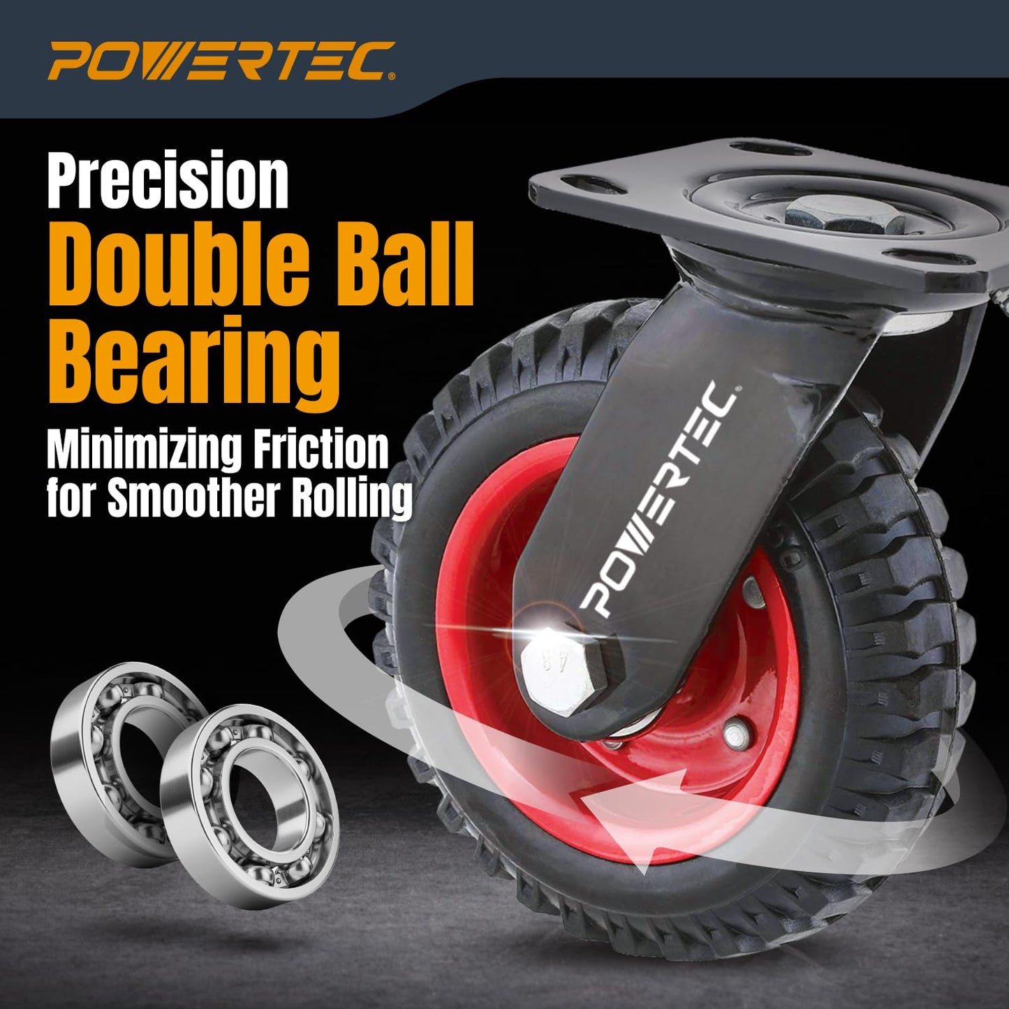 POWERTEC 8 Inch Caster Wheels, Heavy Duty Swivel Plate Casters with Rubber Knobby Tread for Workbench, Dolly, Cart, Trolley, Wagon and Chicken Coop, Large Rubber Castor Wheels, 1PK (17051V)