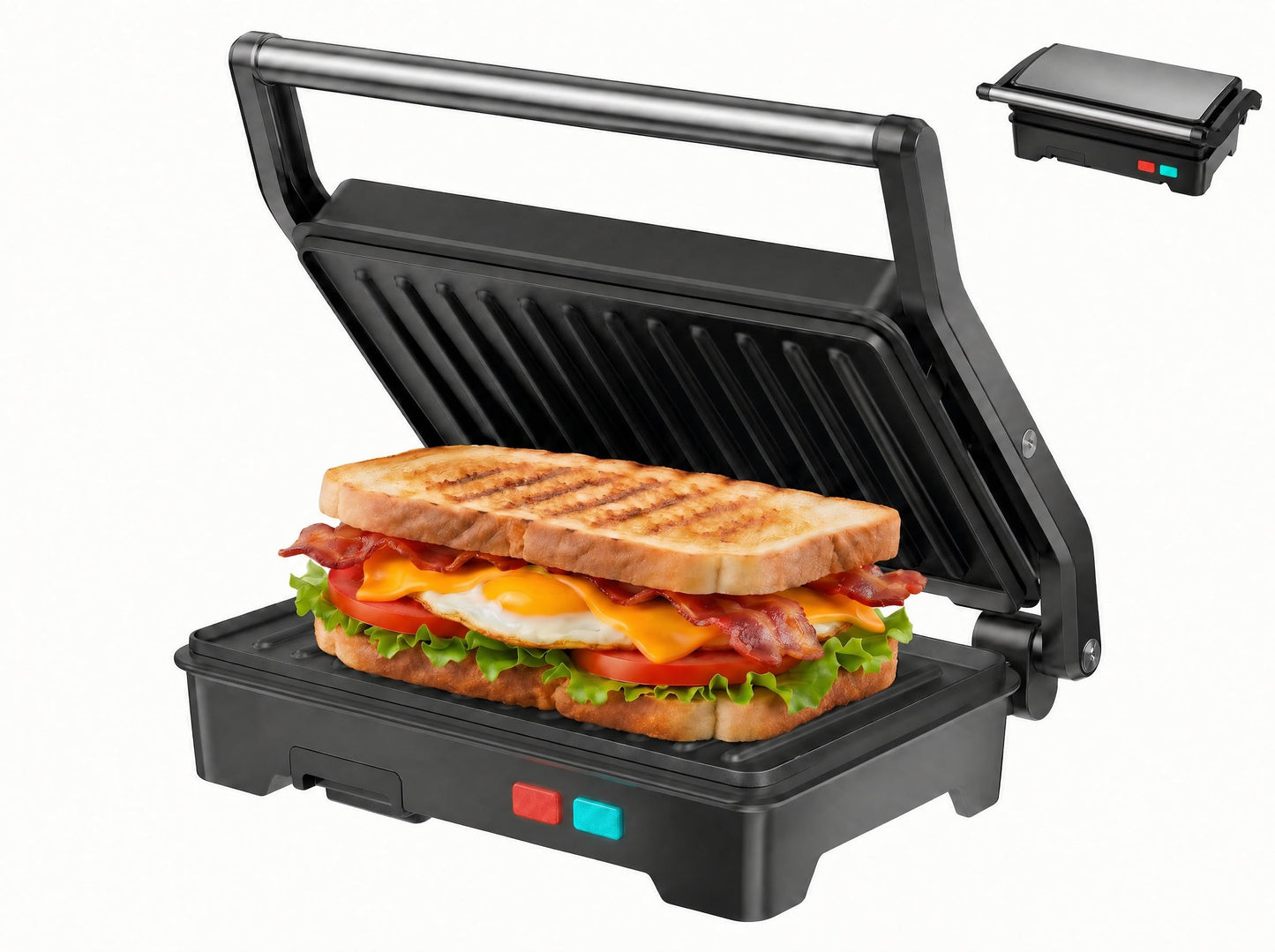 Panini Press Grill, 1000W Sandwich Maker with Non-Stick Coated Plates, Opens 180 Degrees for Any Size of Food, 3-in-1 Sandwich Press Electric Grill, Stainless Steel Surface and Removable Drip Tray