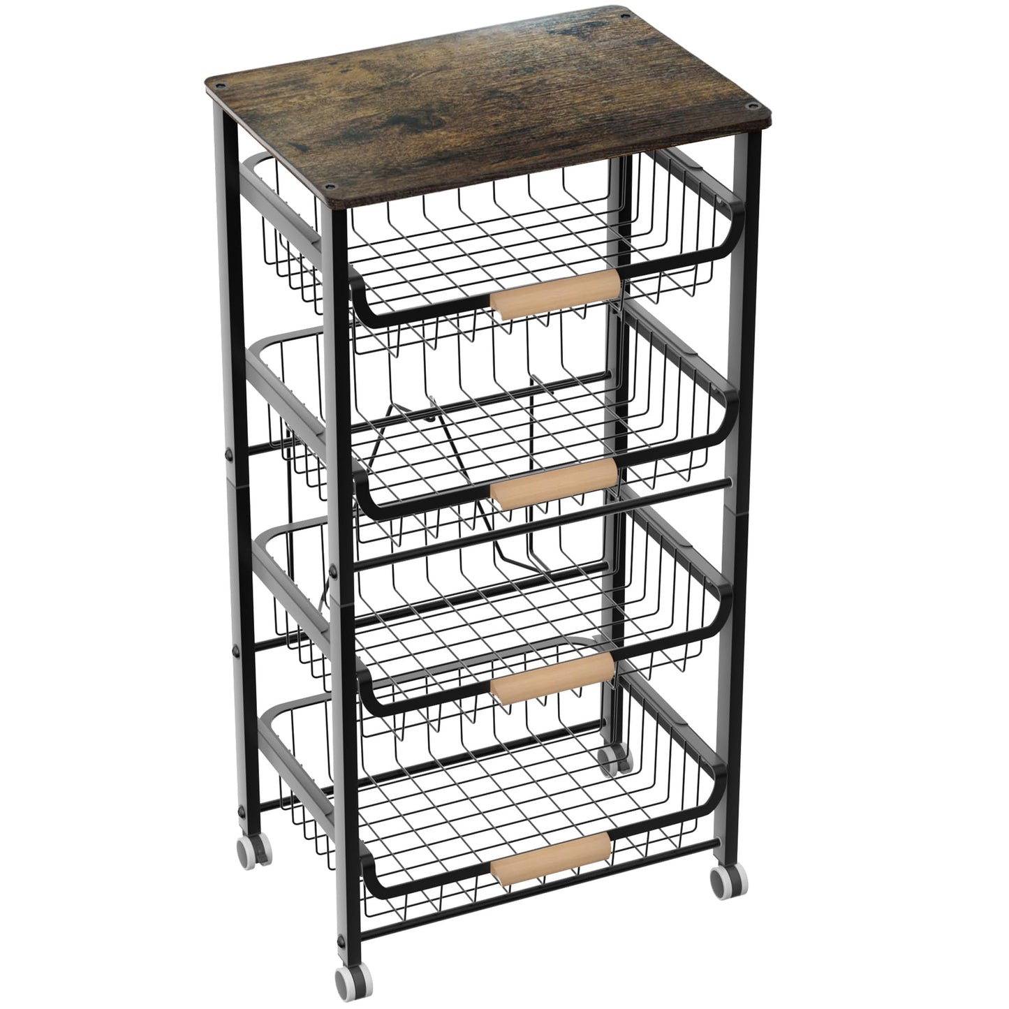 NiuYichee 5-Layer Fruit Basket Kitchen Food Organizer and Storage Rack, Stackable Cart With Desktop, Pull-Out Hollow Metal Basket, Wheeled Sorting Spice Rack, Black