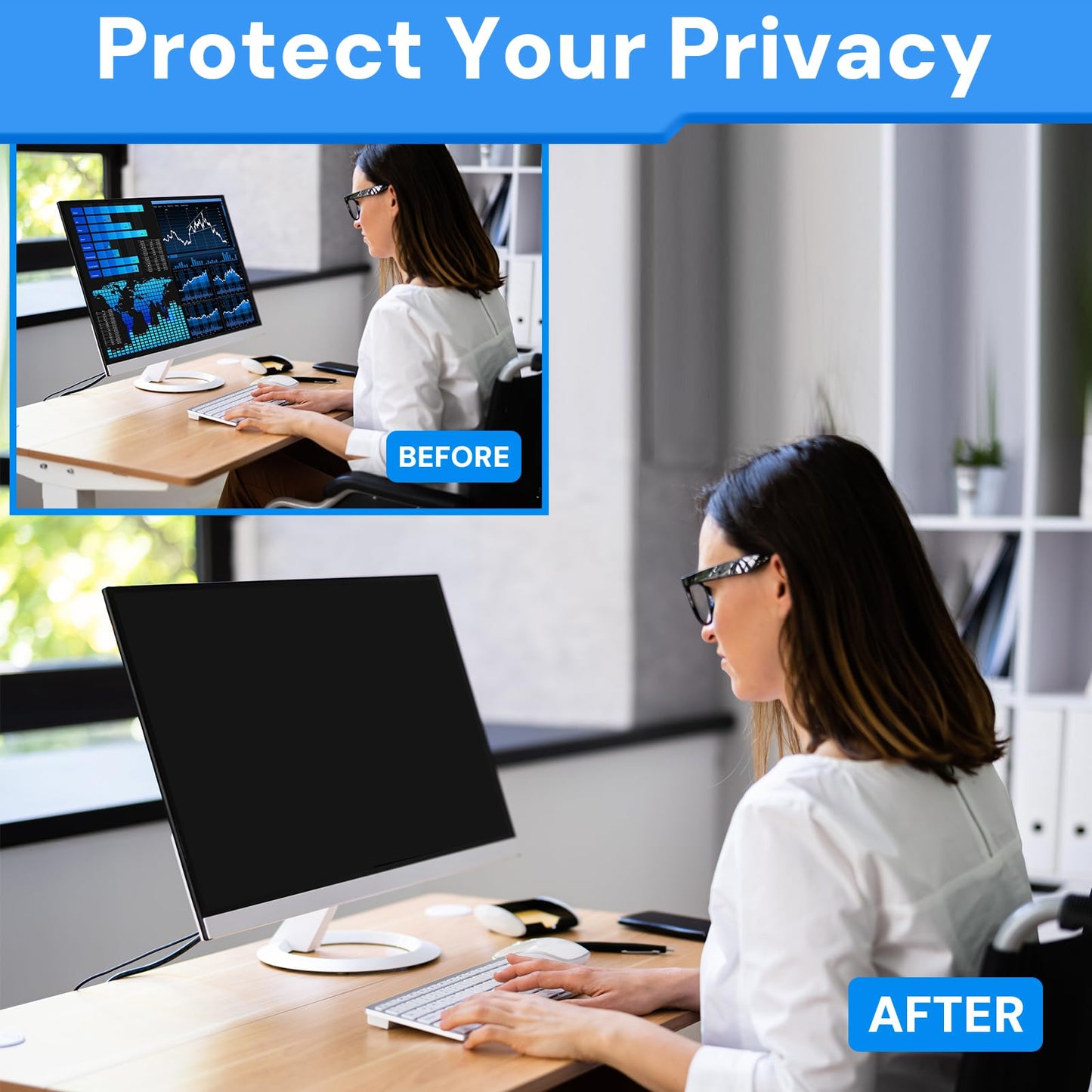 24 Inch Computer Privacy Screen Filter for 16:9 Widescreen Monitor, Removable Computer Screen Privacy Shield and 24 Inch Anti Blue Light Glare Filter