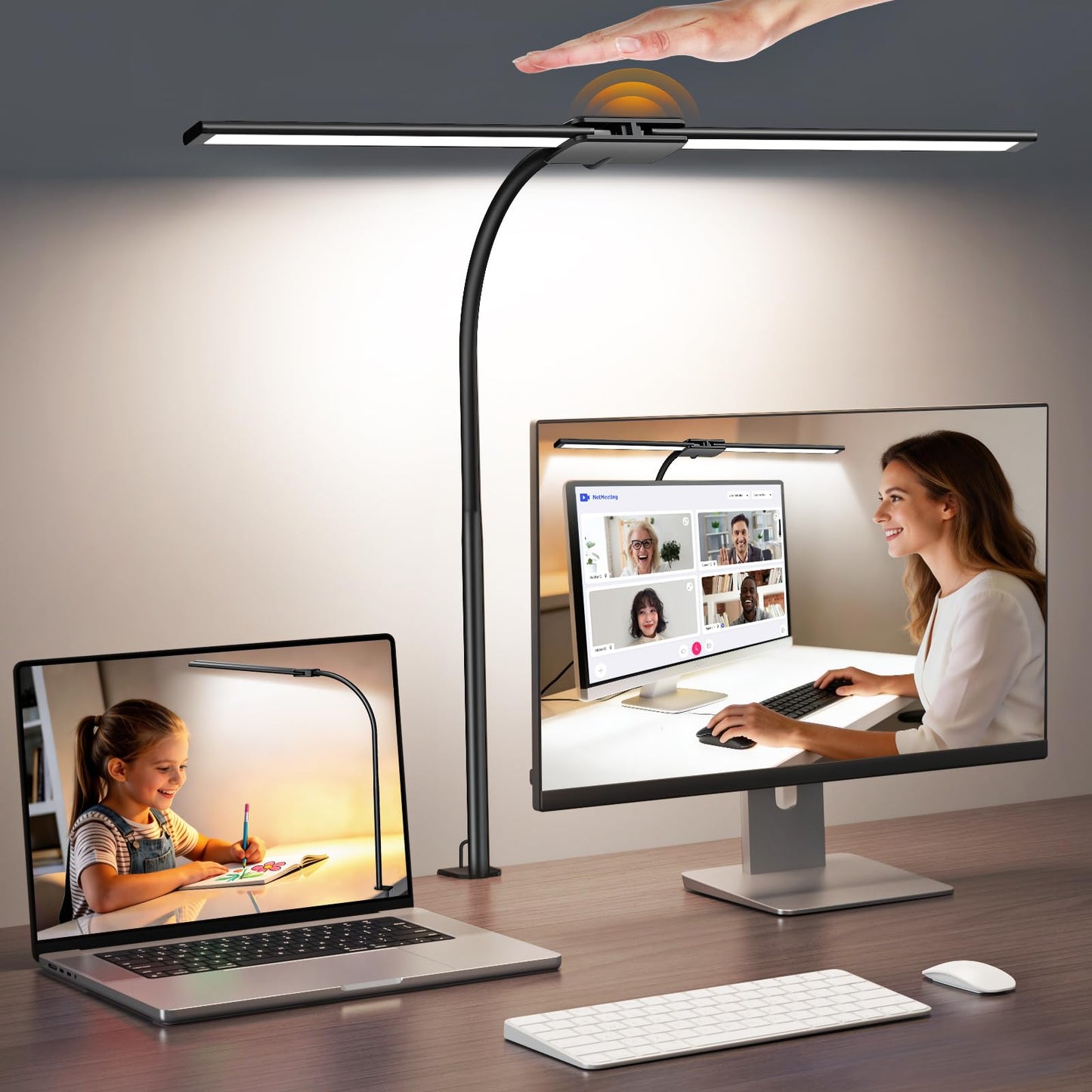 Syrinx LED Desk Lamp with Clamp,Dual Head Gooseneck Desk Lamps Home Office with Gesture Switch & Wired Control, 18W Bright Adjustable Desk Light Eye-Caring Office Desk Lamp for Crafting Reading