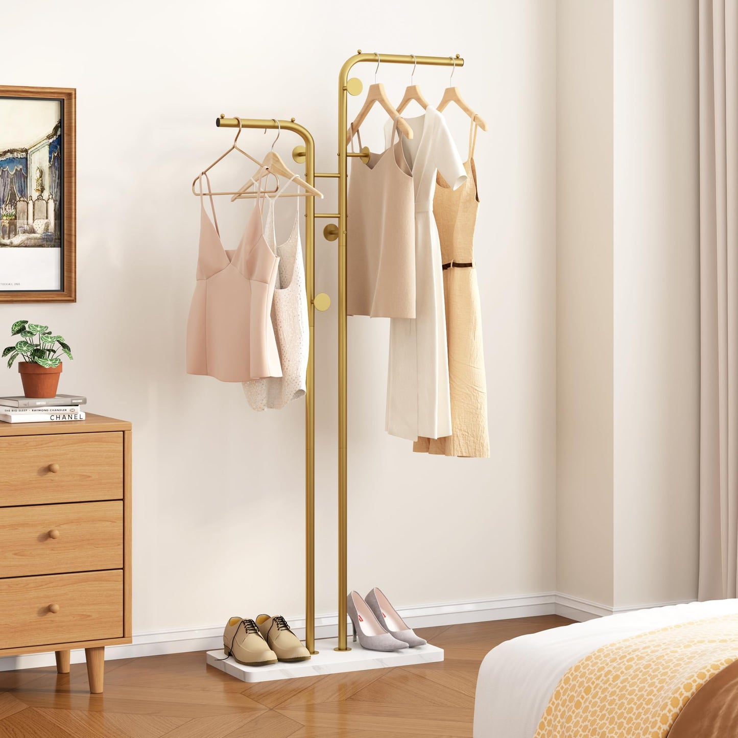 HOMEFORT Double-pole Coat Rack, Freestanding Metal Coat Racks, Clothes Hat Stand with 5 Hooks for Closet, Bedroom, Entryway, Living Room, Gold