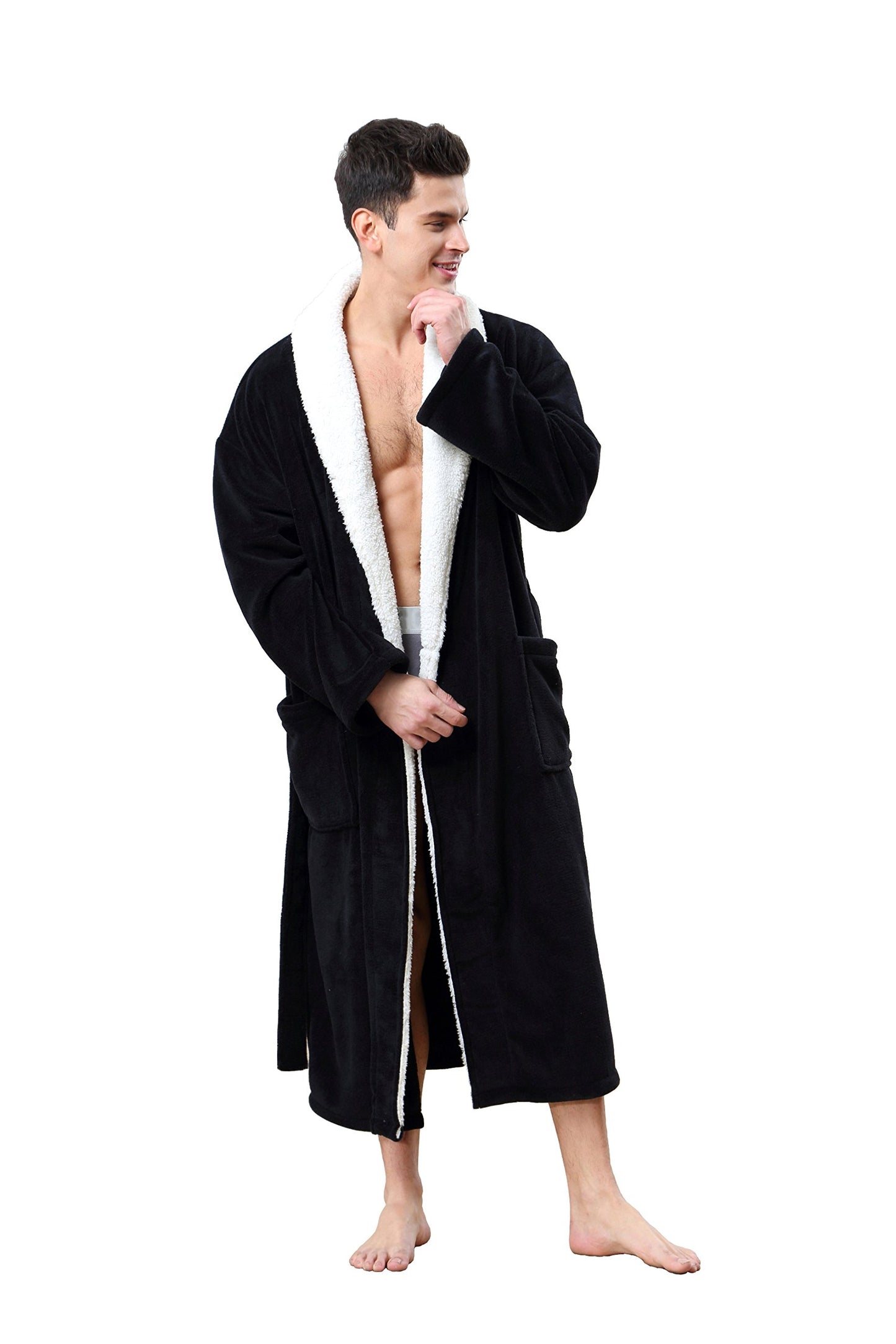 OUFANG Men's Soft and Warm Bathrobe, Black Spa Robe with Sherpa Kimono Shawl Collar Unisex (X-Large)