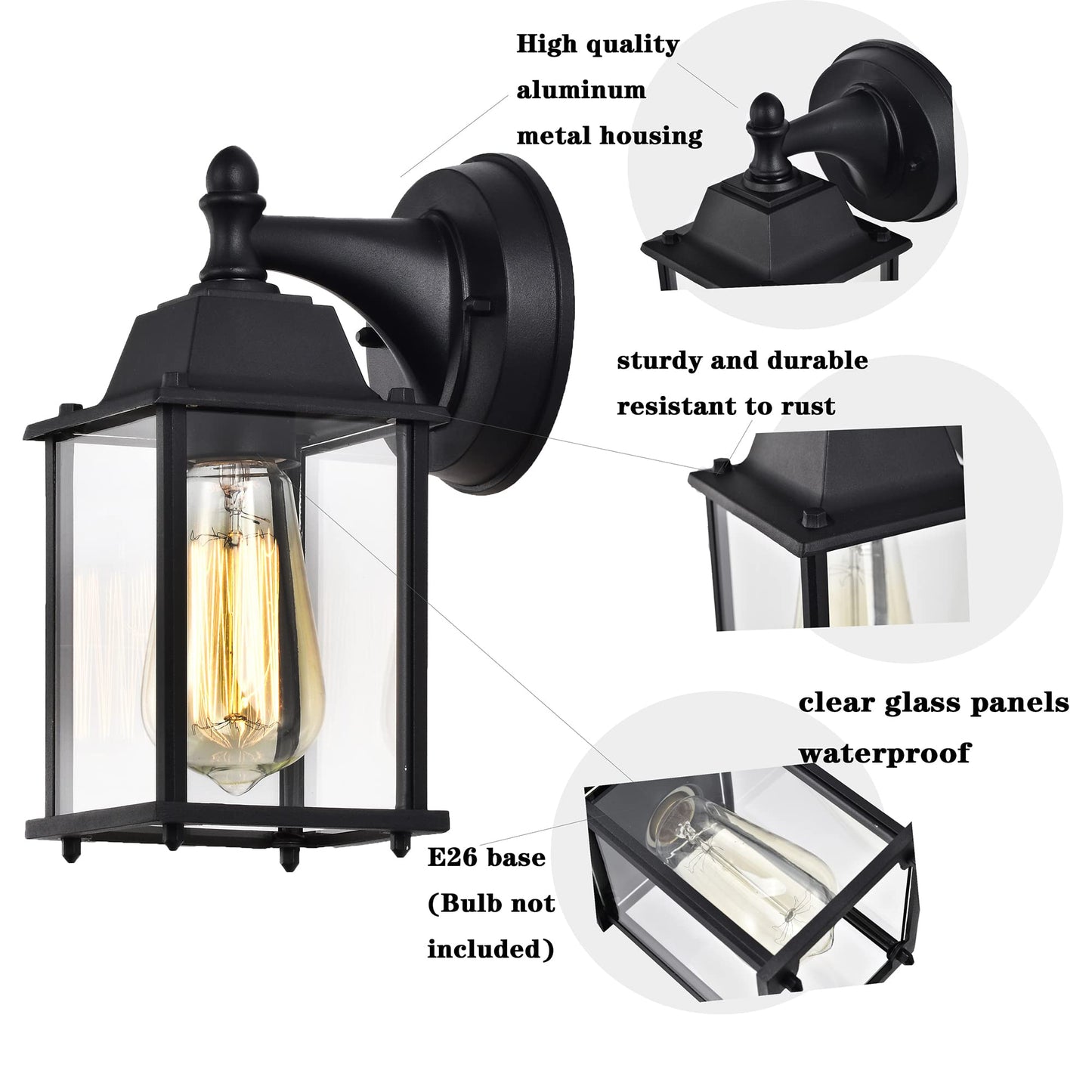 Small Outdoor Wall Lanterns 2-Pack – Black Anti-Rust Exterior Light Fixtures for Porch, Garage or Entryway – Weatherproof Wall Sconces with Clear Glass