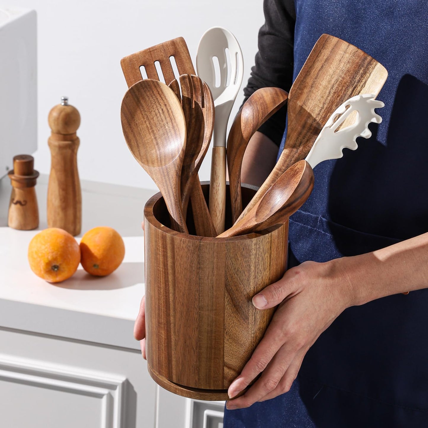 Wooden Utensil Holder, 360°Rotating 7.3'' Large Utensil Holder for Kitchen Counter, Kitchen Utensil Organizer, Cooking Utensil Crock, Farmhouse Kitchens Countertop Decor, Acacia Wood