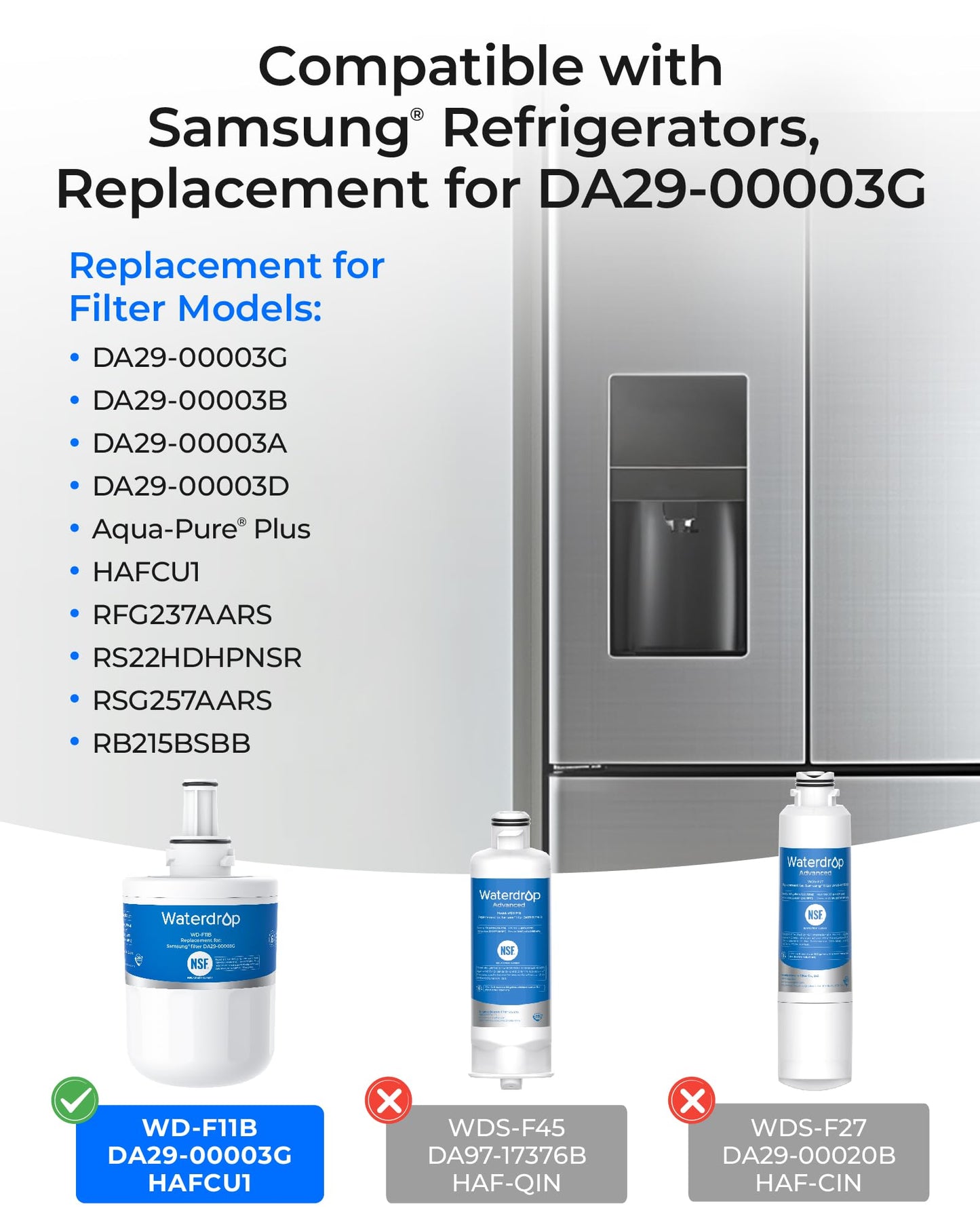 Waterdrop WD-F11B Refrigerator Water Filter, Replacement for Samsung® DA29-00003G, DA29-00003B, DA29-00003A, Aqua-Pure Plus, HAFCU1, RFG237AARS, FMS-1, RS22HDHPNSR, RSG257AARS, 3 Pack