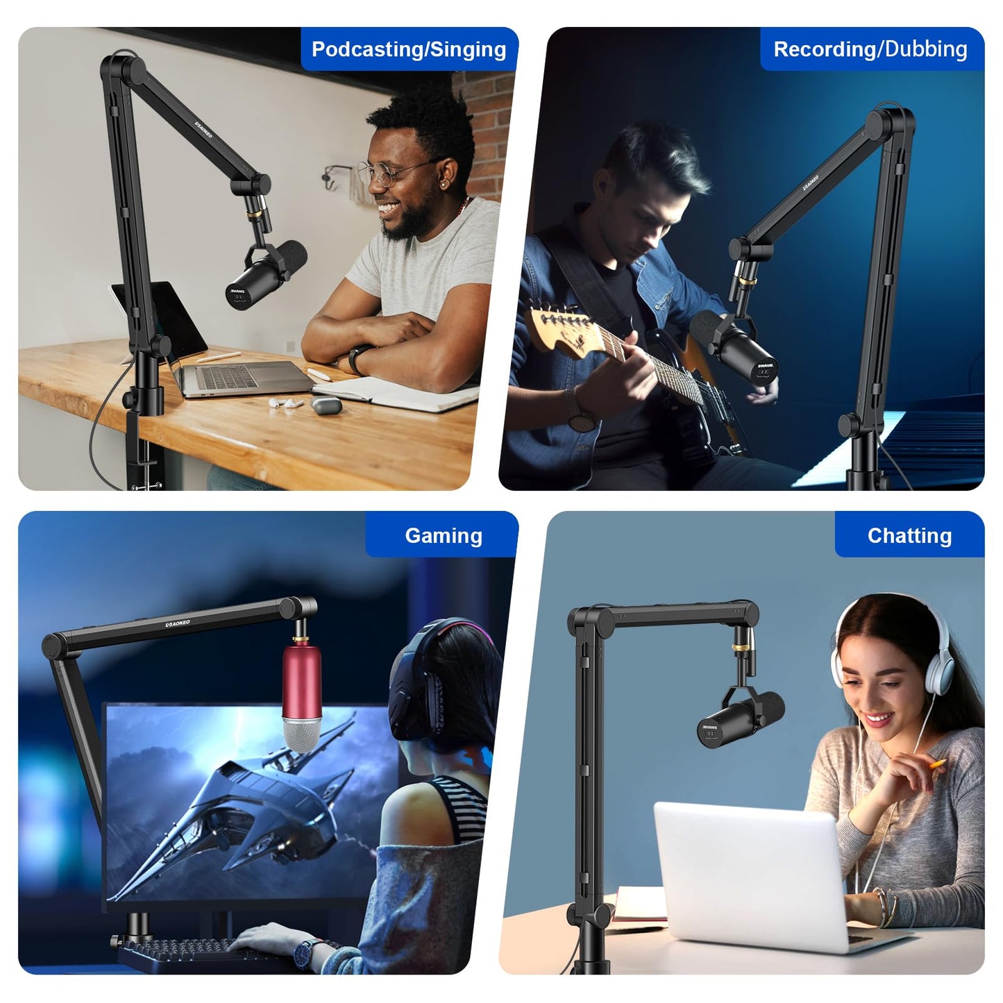 Aokeo Mic Arm, Boom Arm Microphone Stand Desk with Mount Clamp Cable Management Channels Detachable Riser 5/8" Thread Adapter for Blue Yeti Snowball Hyper X QuadCast SoloCast AT2020 Shure SM7B MV7