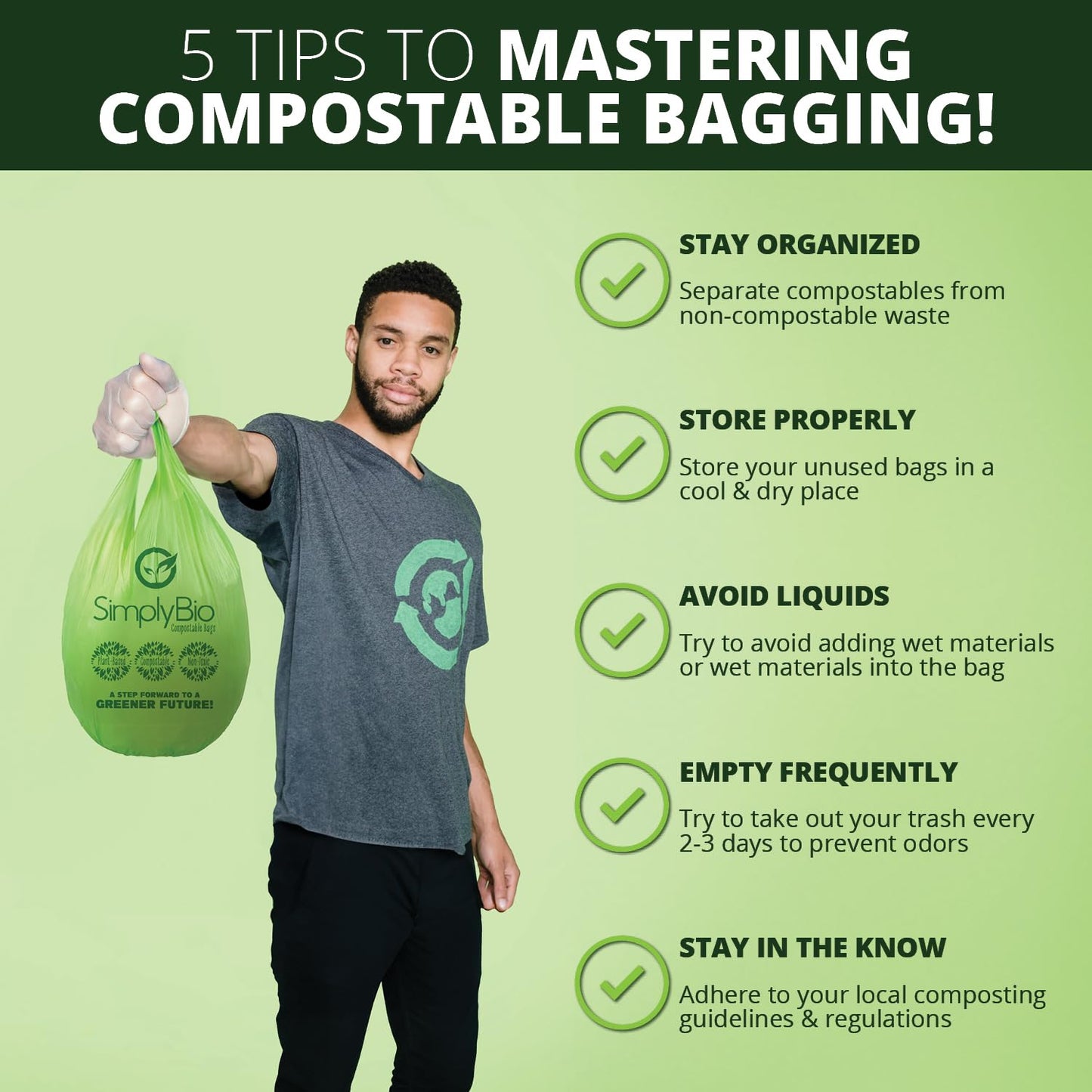 Simply Bio Compostable Trash Bag with Handle, 80 Count, Thick 0.67 Mil, 3 Gallon, 11.36 Liter, Small Kitchen Food Scrap Trash Bags, ASTM D6400, US BPI and Europe OK Compost Home Certified