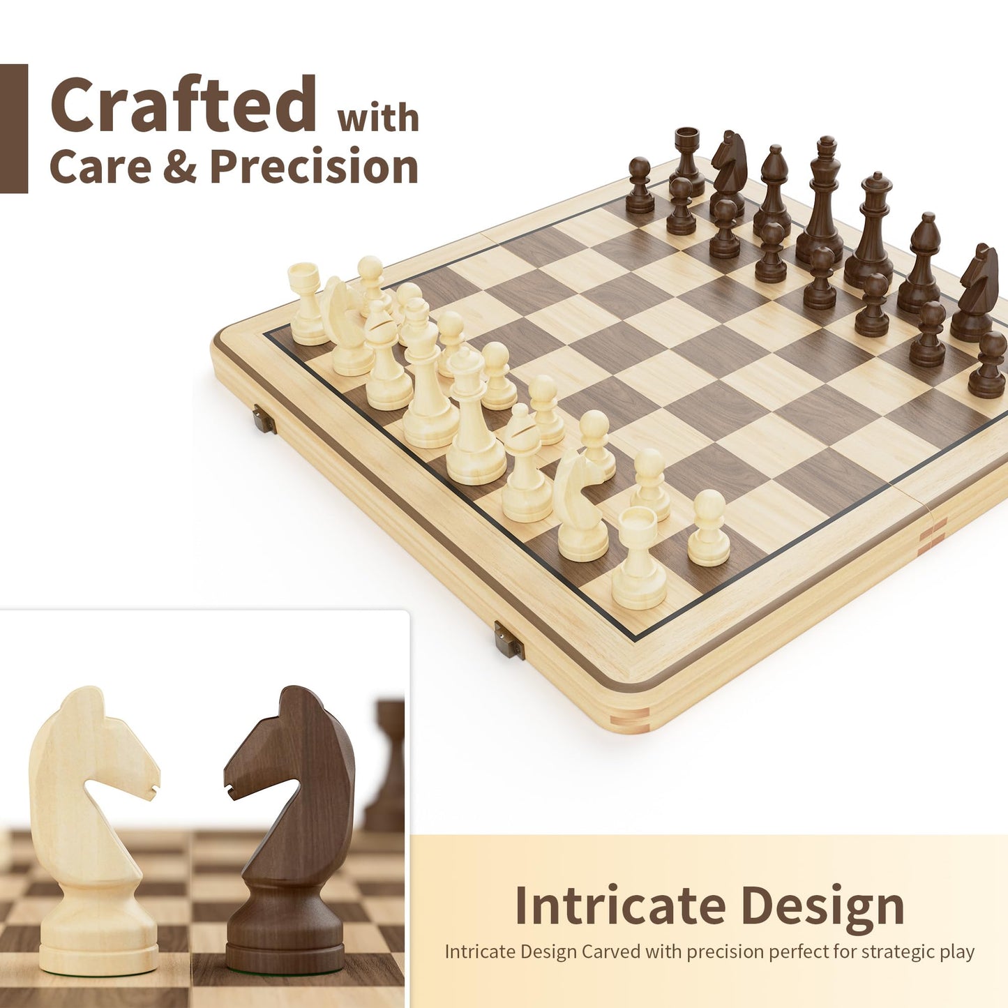 15" Wooden Folding Chess & Checkers Set - 2 in 1 Board Game with 3" King Staunton Pieces and 2 Extra Queens