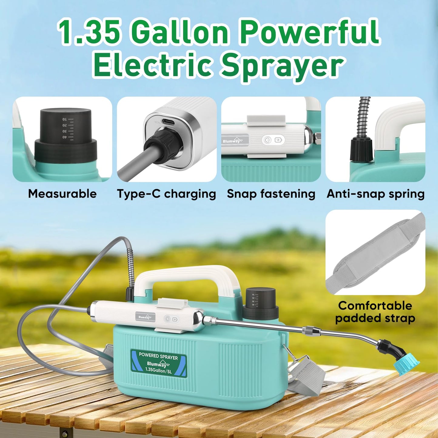 BlumWay Battery Powered Sprayer 1.35 Gallon, Powerful Electric Sprayer with 5 Mist Nozzles, Rechargeable Handle, 4000mAh, Garden Sprayer with Adjustable Shoulder Belt for Lawn/Garden