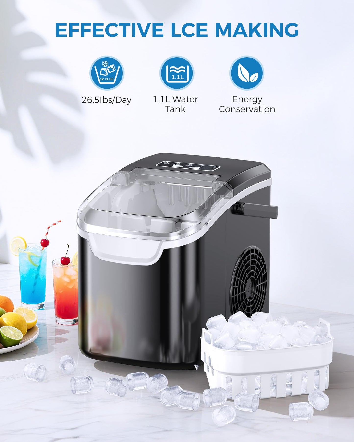 COWSAR Ice Maker Countertop, Portable Ice Machine with Self-Cleaning, 26.5 lbs/24Hrs, 8 Ice Cubes in 6 Mins, Ice Basket and Scoop, Ideal for Home, Kitchen, Bar, Camping
