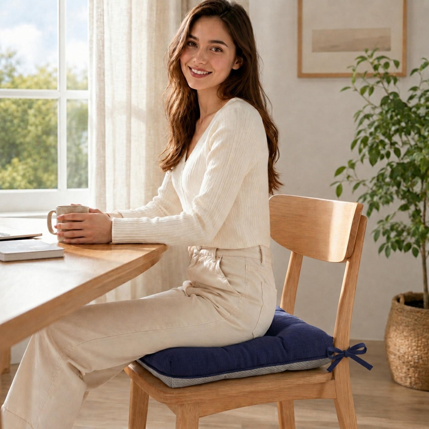 Battilo Chair Cushions Set of 2 for Reading Seats, Seat Cushions for Kitchen Dining Chairs with Non-Slip Backing, Indoor/Outdoor Waterproof Chair Seat Pads with Ties, 40cm x 40cm x 10cm, Navy