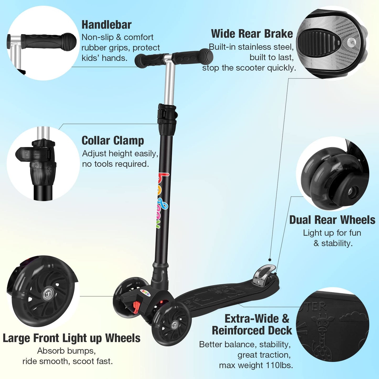 BELEEV A2 Scooters for Kids 3 Wheel Kick Scooter for Toddlers Girls & Boys, Scooter with 3 Adjustable Height, LED Light Up Wheels for Children from 3 to 12 Years Old