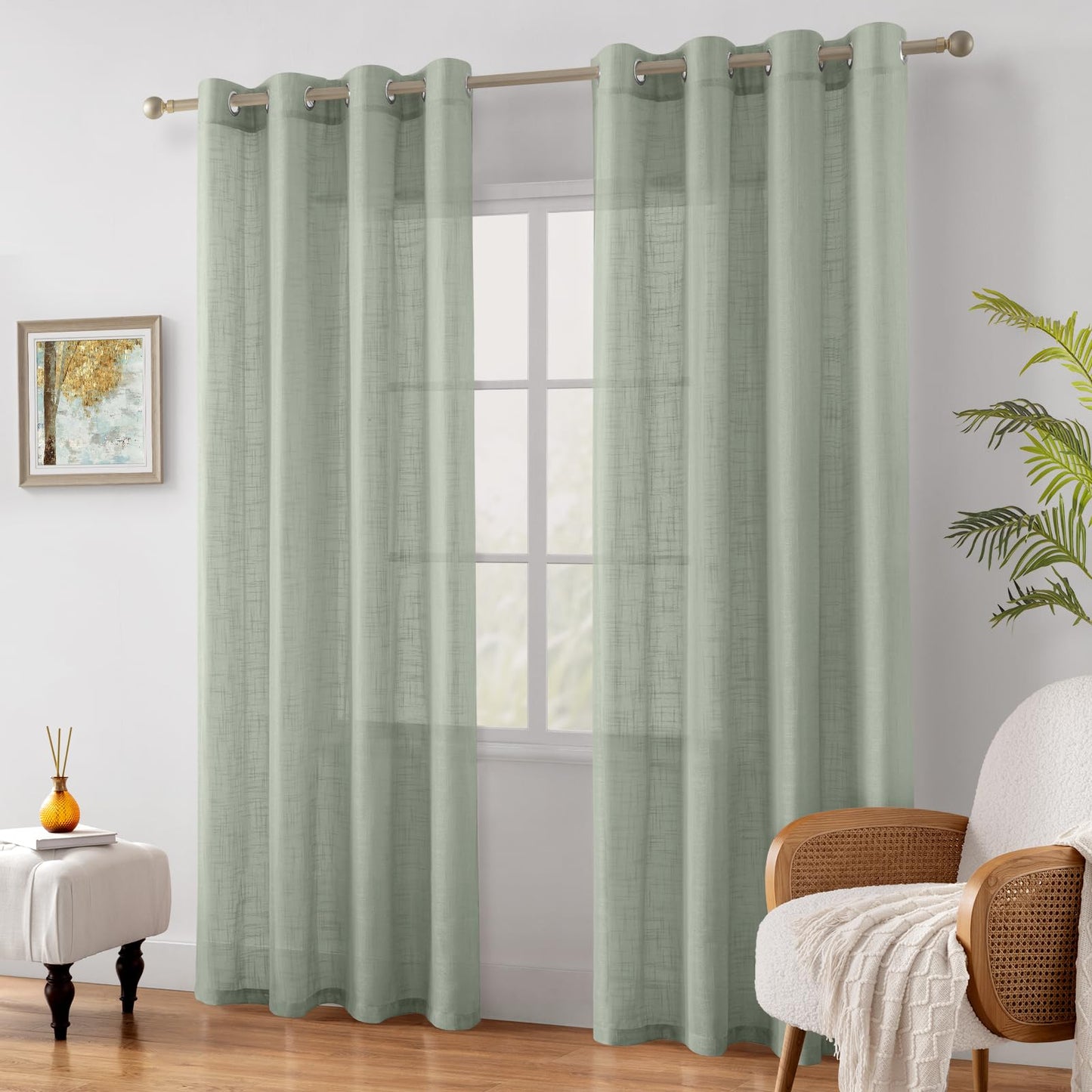 HOMEIDEAS Sage Green Linen Sheer Curtains 84 Inches Long 2 Panels Textured Semi Sheer Curtains Farmhouse Curtains Sheer Privacy Window Curtains for Bedroom Living Room
