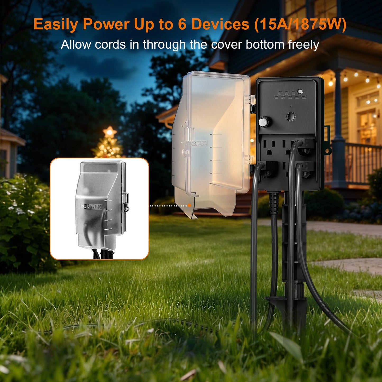 SURAIELEC Outdoor Power Stake Timer, Dusk to Dawn Light Timer, 6 Outlet Power Strip Weatherproof, 6FT Extension Cord Multiple Outlet, Solar Plug Splitter for Christmas Lights, Holiday Decoration