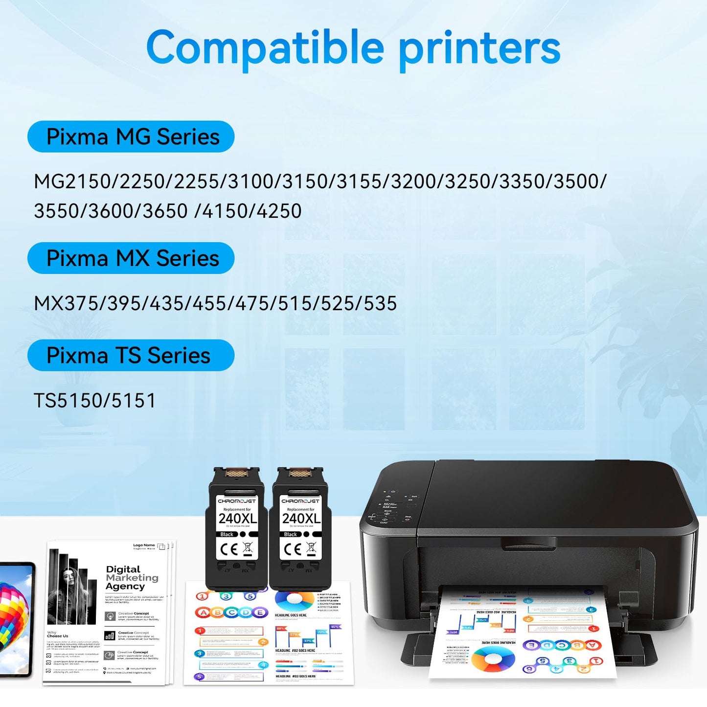 Chromojet 240XL Black Ink Cartridges Compatible for Canon 240XL Black Ink Cartridge Printer Ink 240 PG240XL PG-240XL Fit for PIXMA MG3620 MG3600 TS5120 TS5100 MG3220 MG3520 MG2120 MX472 (2 Black)