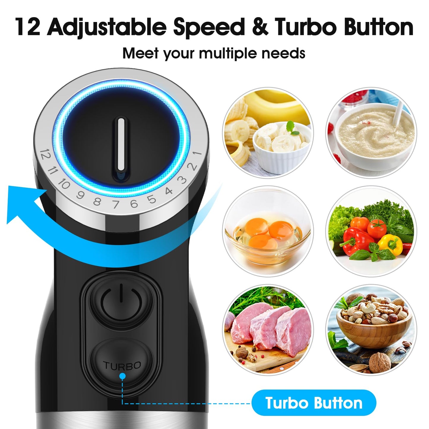 KOIOS 1000W 5 in1 Immersion Blender Handheld, 12-Speed & Turbo Mode Hand Mixer Stick Blender with Food Chopper, Beaker, Whis, Milk Frother, Non-BPA, Black