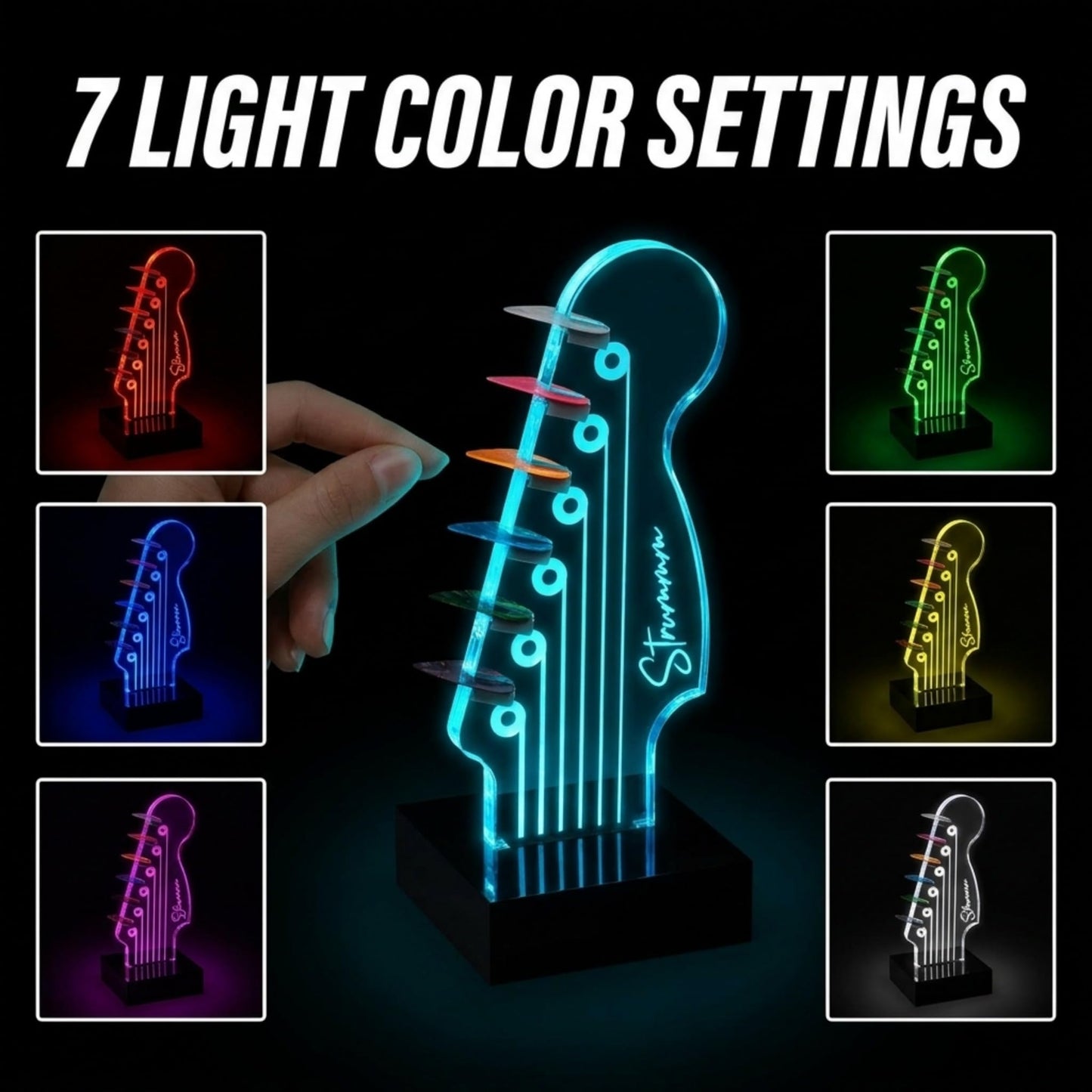 Strummm Color Changing Light Up Guitar Pick Holder – Authentic Electric Guitar Headstock Design Lamp with 7 Colors, USB Powered, Holds 6 Picks, Perfect Guitar Gift for Men, Musicians & Guitarists