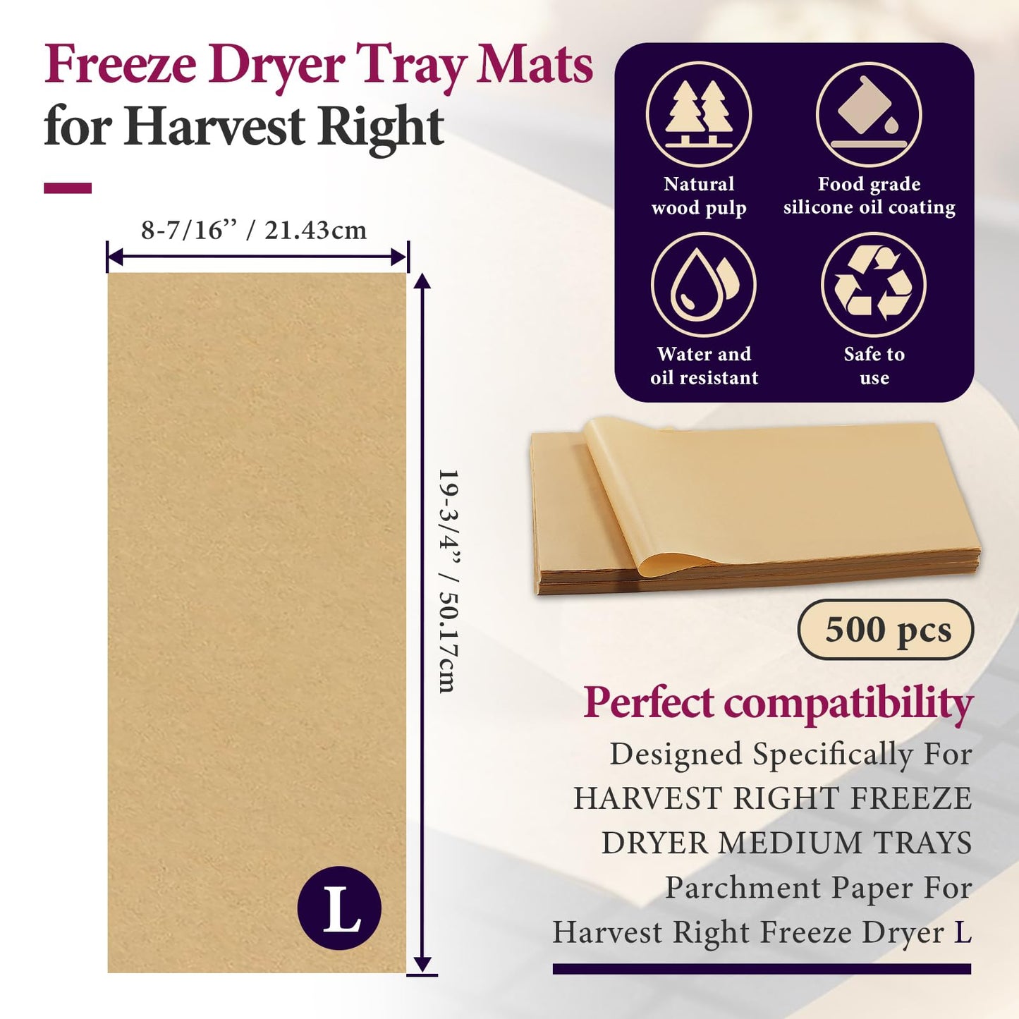 500 Packs Parchment Paper Sheets for Harvest Right Freeze Dryer - Harvest Right Freeze Dryer Accessories for Large Trays, Parchment Sheets, Freeze Dryer Tray Mats for Harvest Right(19-3/4"x8-7/16")