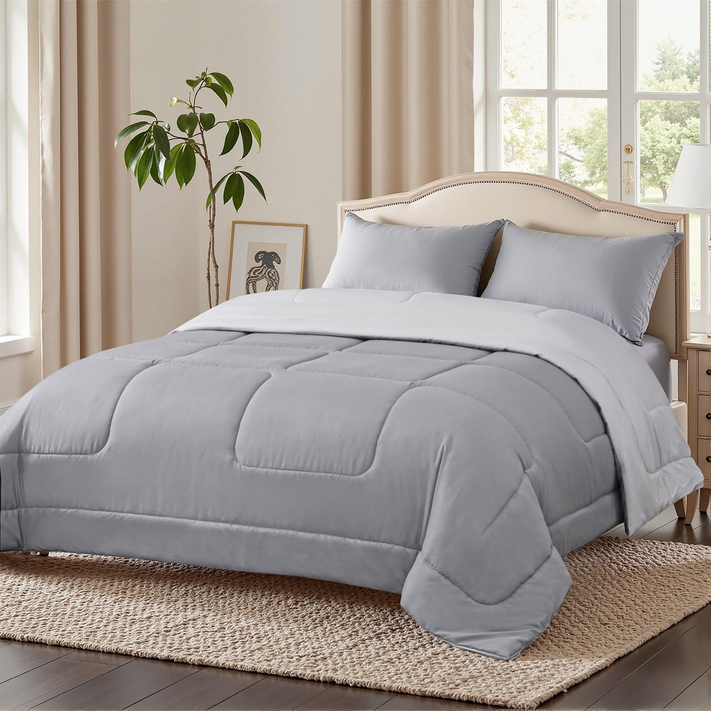 LAVANCE All Season Reversible Comforter, Quilted Queen Down Alternative Bedding Comforters, Premium Soft Microfiber Duvet(Gray, Queen 218x218cm)