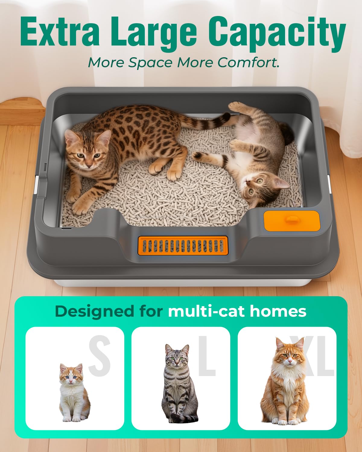 OROLEY Stainless Steel cat Litter Box, Extra Large Size for Big Cats, high-Sided Metal Tray, Leak-Proof, Odor-Resistant, Easy to Clean, Includes Raised Platform and Scoop.