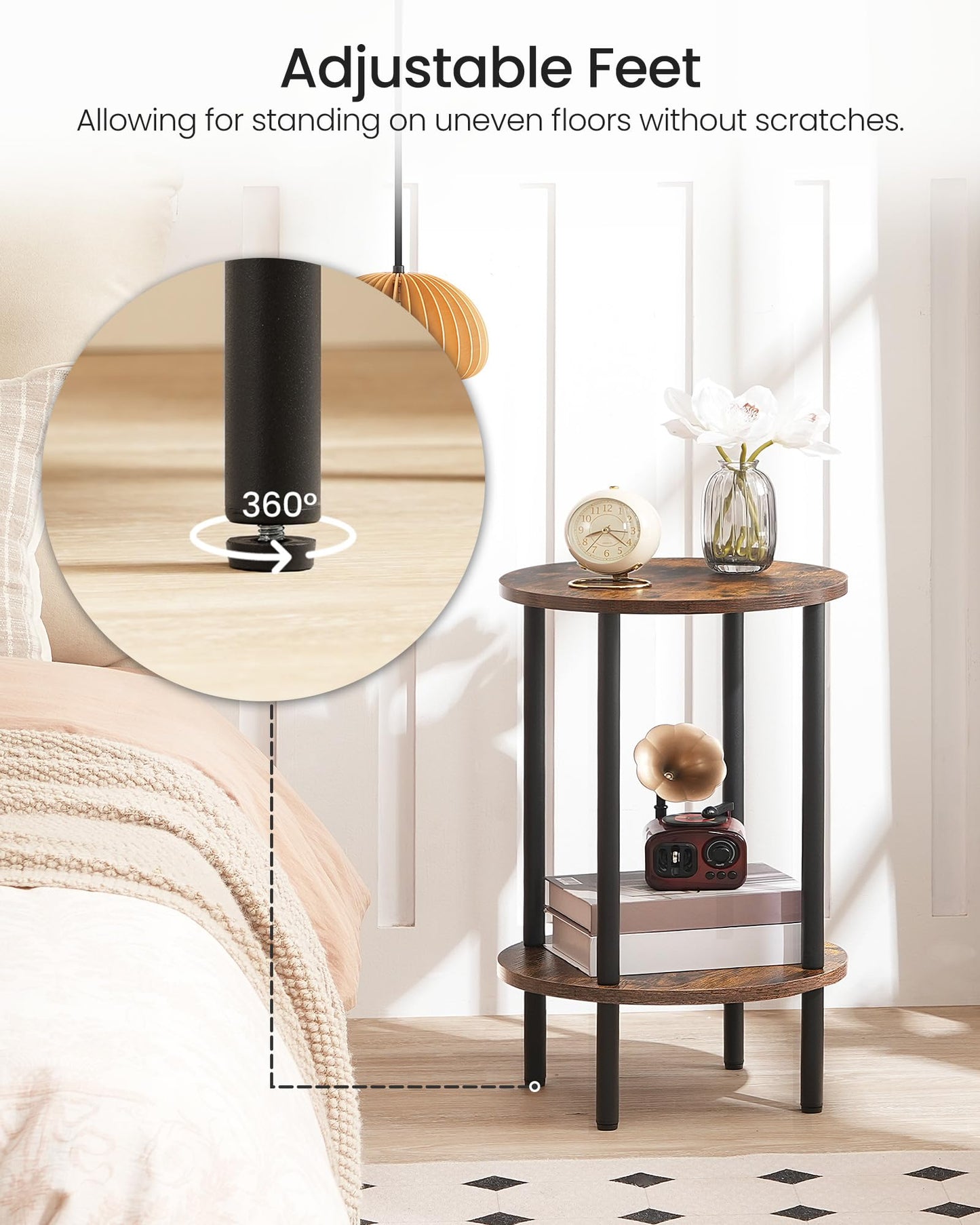 CHOEZON Round Side Table, 2-Tier End Table, Small Round Nightstand with Sturdy Metal Tube, Industrial Coffee Table, for Living Room, Bedroom, Rustic Brown and Black TBZ01BF