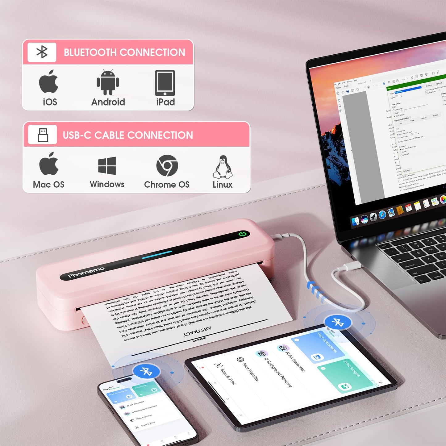 Phomemo M832 Portable Printer, Inkless Thermal Printer, Portable Printers Wireless for Travel, Support 8.5" X 11" & A4 Thermal Paper, Bluetooth Mobile Printer Compatible with iPhone Android Laptop