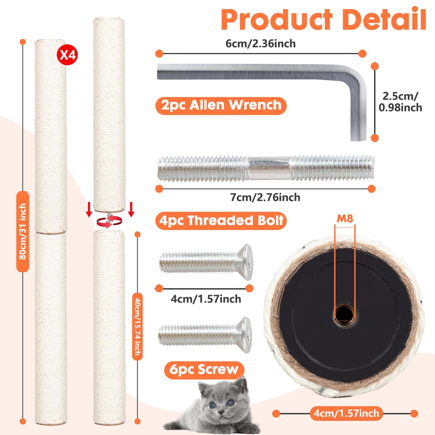 PowerKing 4-Pack 15.7" Cat Scratching Post Replacement - Natural Sisal Rope Scratcher Poles with M8 Screws for Indoor Cat Tower Renewal Parts, Cat Furniture Refill Parts (White)