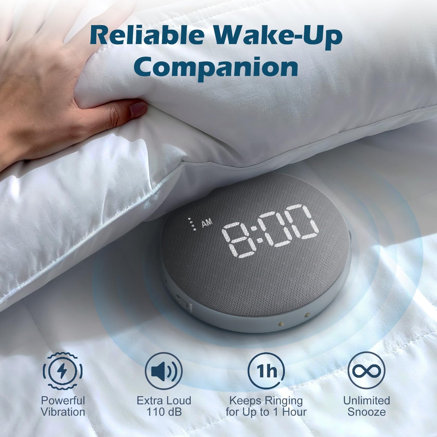 REACHER 2-in-1 Unified Loud Bed Shaker & Vibrating Alarm Clock for Hearing Impaired/Heavy Sleepers/Teens, Wireless Magnetic Charging, Adjustable Volume, Auto Dimmer, Snooze, Battery Powered, Portable