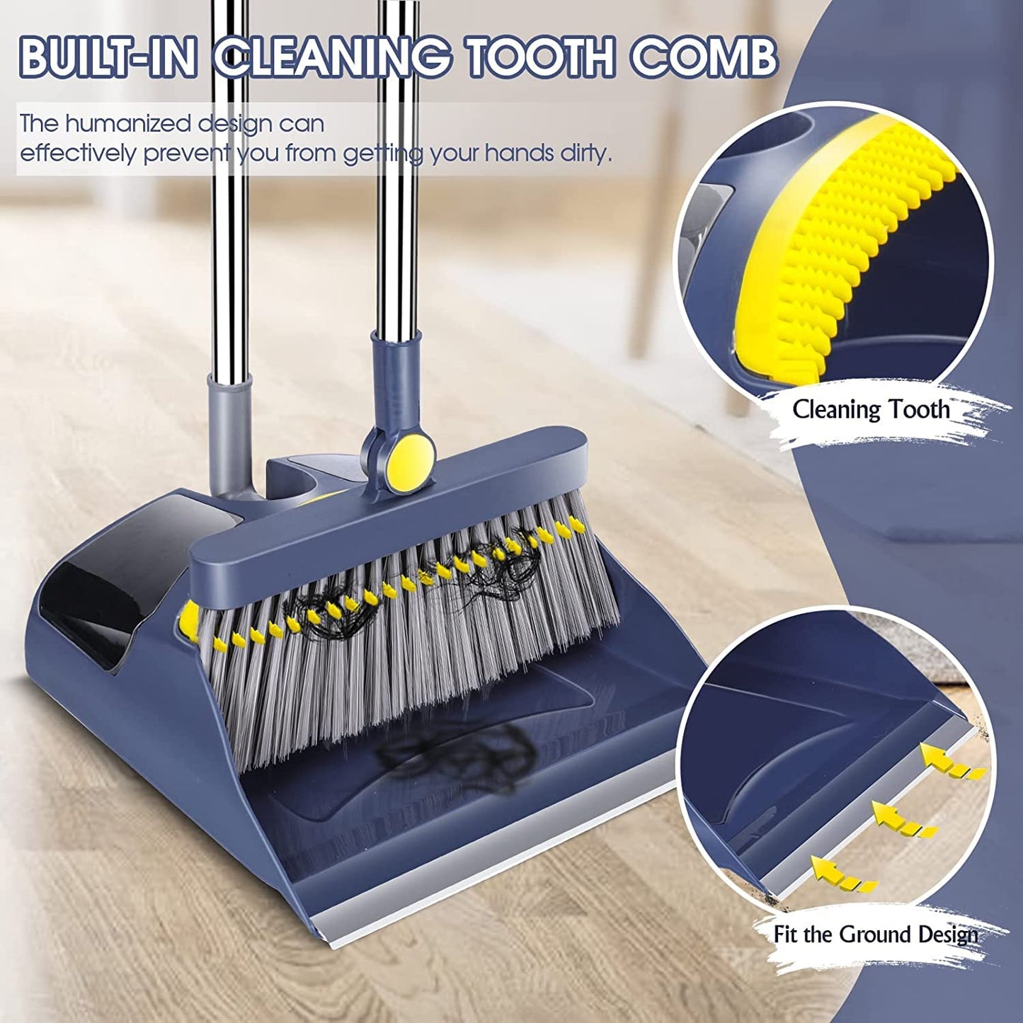 Almcmy Broom and Dustpan Set for Home, Long Handle Broom Dustpan Combo, Foldable Dustpan with Comb Teeth, Standing Broom and Dustpan Set for Home Kitchen Lobby Indoor Floor Cleaning (Navy Blue)