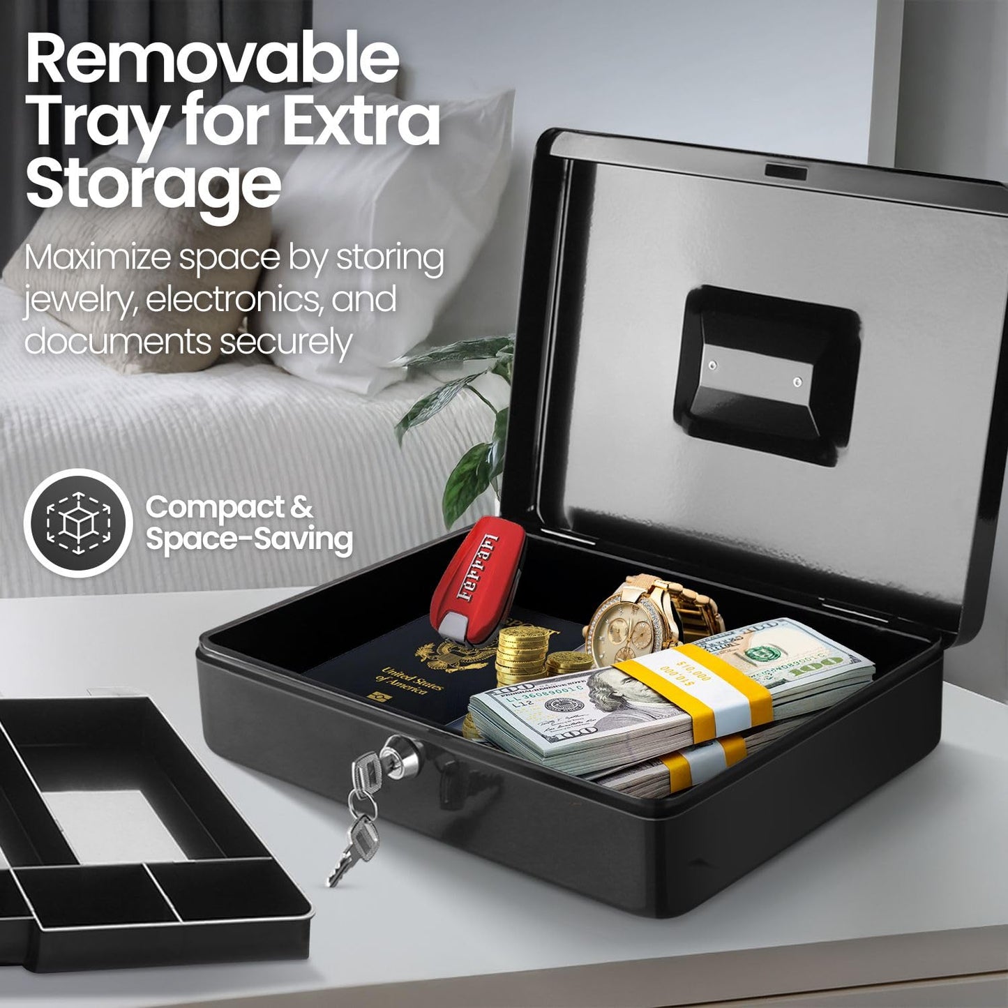 Flexzion Cash Box with Money Tray and Lock - Metal Cash Box for Small Businesses, 9-Compartment Black Money Box with Removable Tray and Key, Portable Storage for Checks and Coins