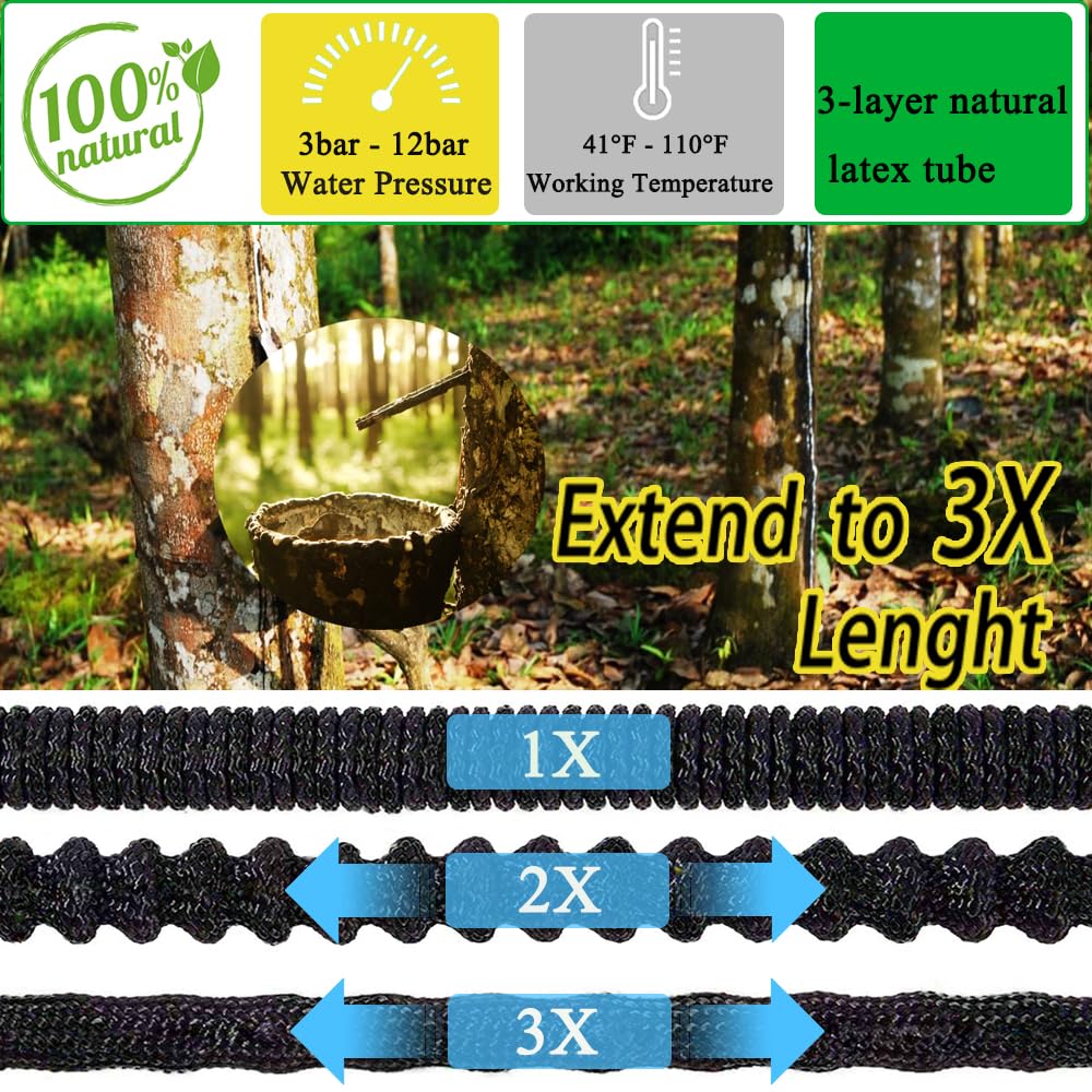 Expandable Garden Hose 100ft Water Hose with 10 Function Nozzle,Flexible Hose withTriple Core Latex and 3/4" Solid Brass Fittings Collapsible Lightweight Retractable Long Hose Pipe (Black)