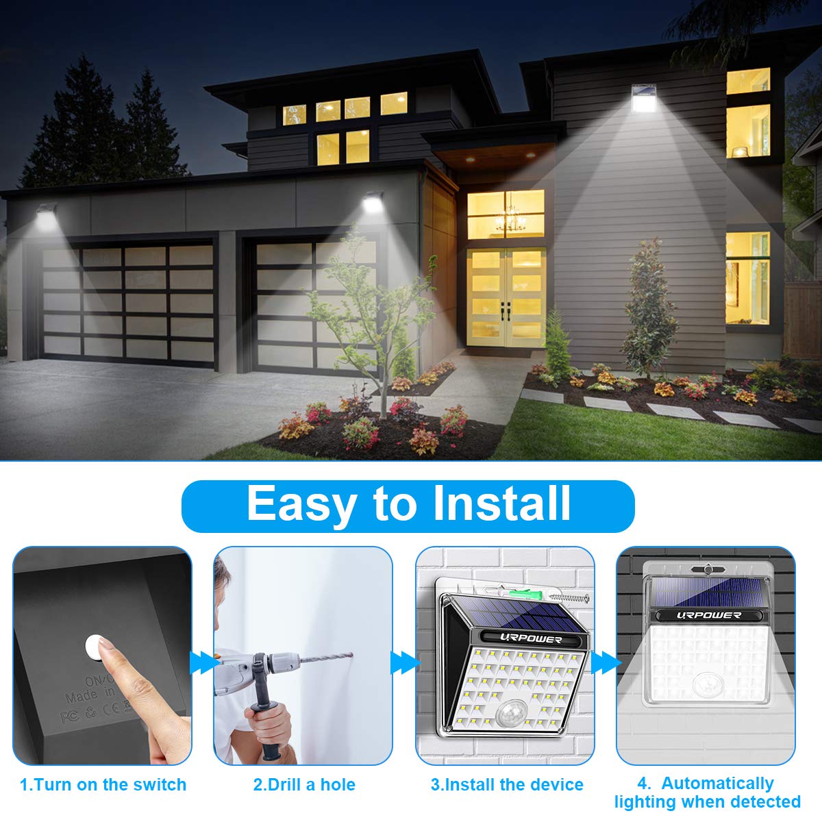 URPOWER Solar Lights 8 LED Wireless Waterproof Motion Sensor Outdoor Light for Patio, Deck, Yard, Garden with Motion Activated Auto On/Off (4-Pack)