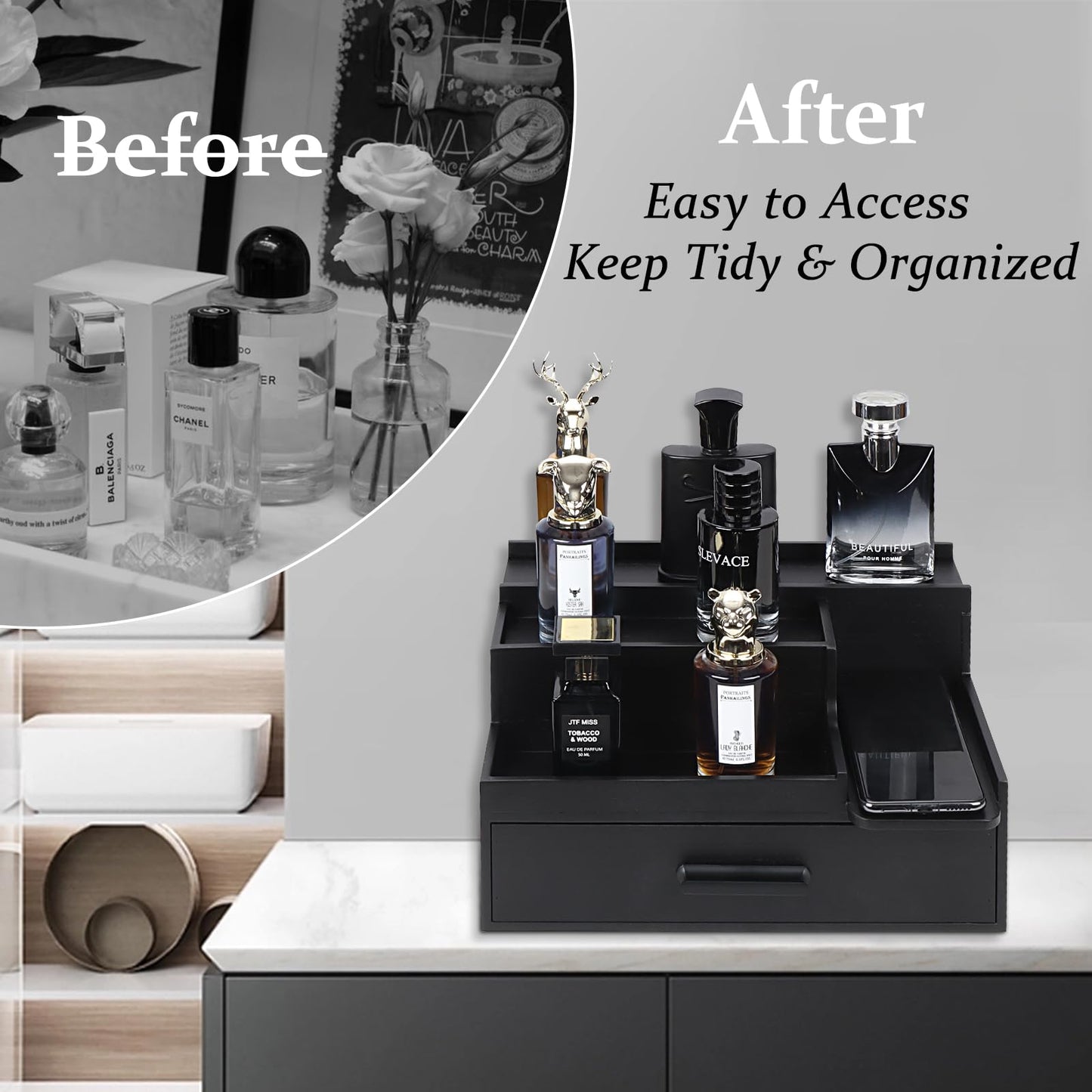 Butizone Cologne Organizer for Men, 3 Tier Perfume Stand Holder with Drawer and Hidden Compartment, Cologne Display Shelf for Dresser, Great Gift for Man/Father, Black