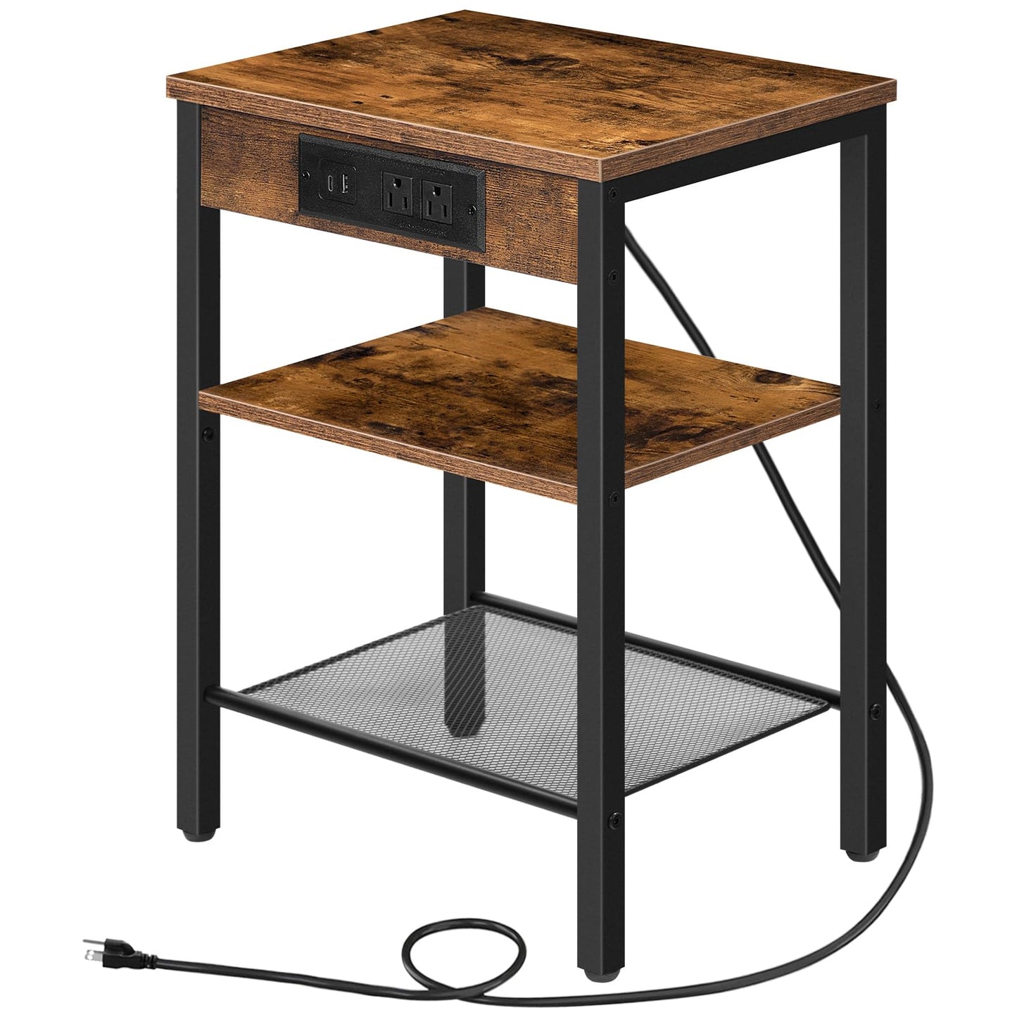 HOOBRO End Table with Charging Station and USB Ports, 3-Tier Nightstand with Adjustable Shelf, Narrow Side Table for Small Space in Living Room, Bedroom and Balcony, Rustic Brown BF112BZ01