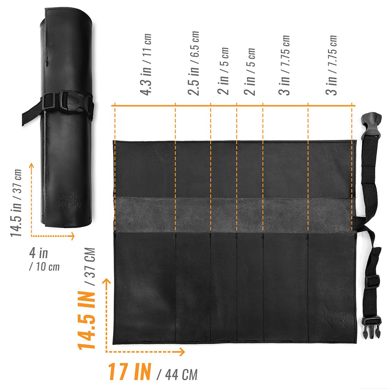 Under NY Sky Genuine Leather Knife Roll Case - 6 Slots - Real Leather Pouch - Portable Bag for Cooking Tools, Utensils, Cutlery Knives, Brushes - Chefs, Kitchen, Travel, Gift (Knife Roll Black)