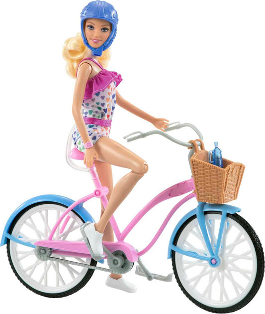 Barbie Doll and Bike Playset with Doll (11.5 in, Blonde), Bicycle with Rolling Wheels & Water Bottle Accessory, Toy for 3 to 7 Year Olds
