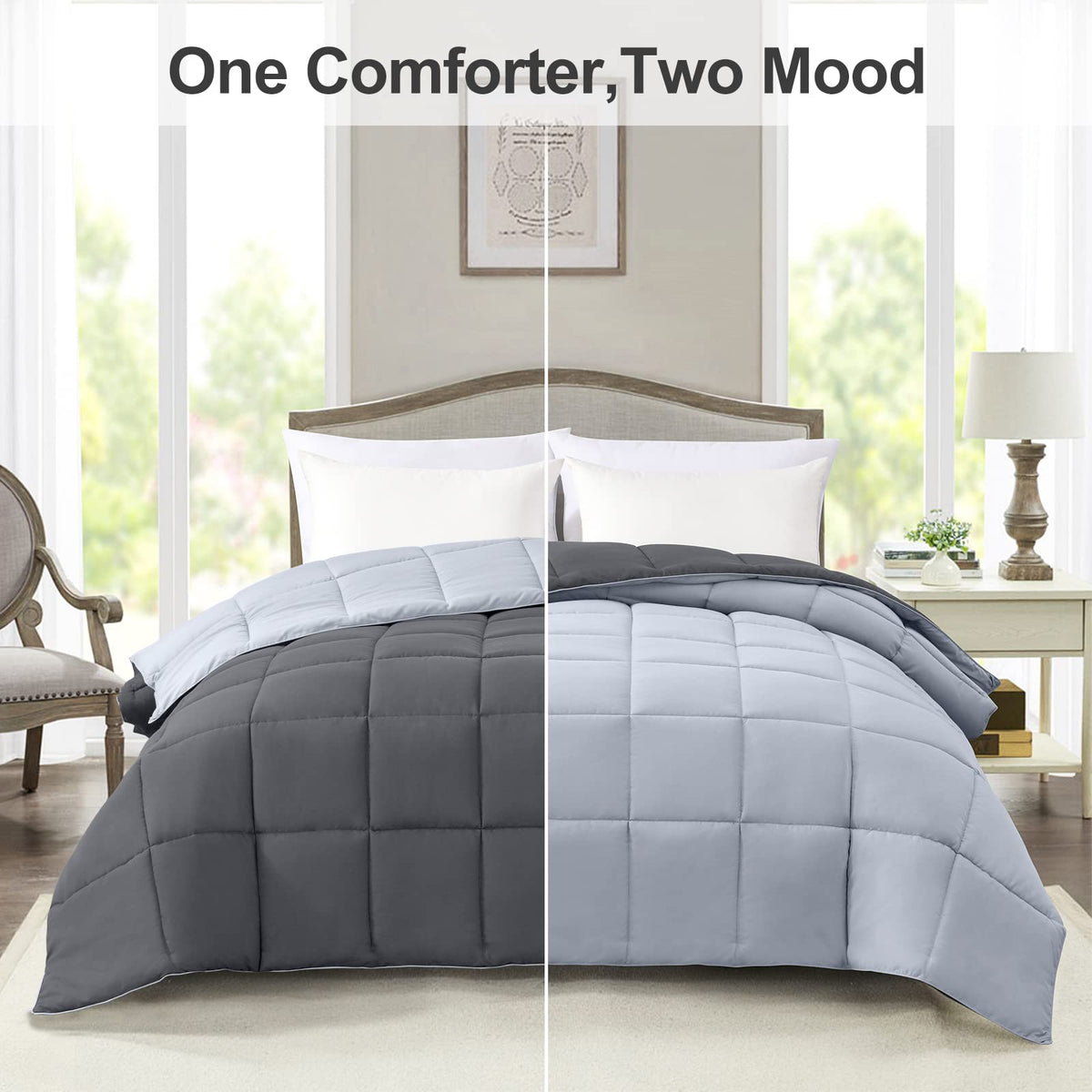 Homelike Moment Comforters Queen Size - Grey Duvet Insert Down Alternative Bed Queen Comforter, Lightweight Bedding Comforters Full Size Quilted Soft All Season Reversible Dark Gray/Light Grey