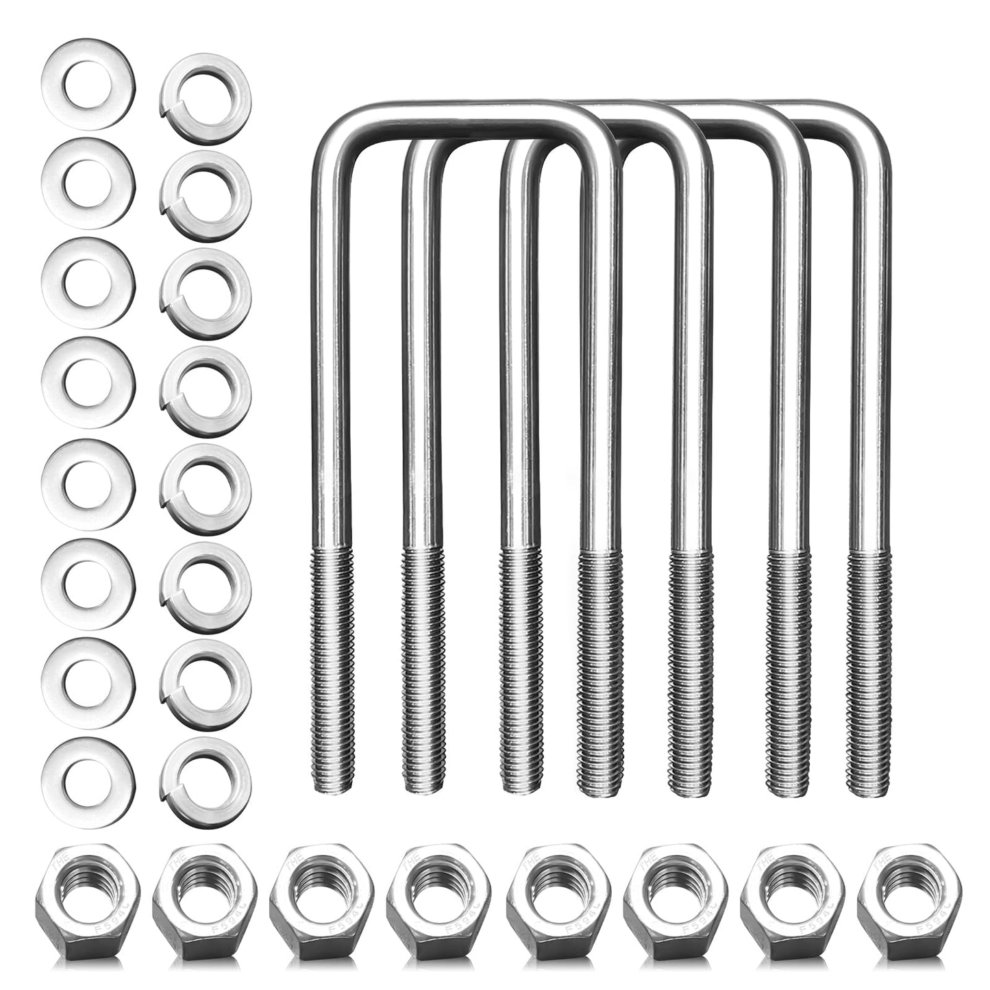 SENKEYFE 4 Pcs 304 Stainless Steel Square U-Bolts with Washers & Nuts, 1/2"-13 Thread, 1/2" D x2-1/16" W x6-5/16" L, Silver Marine Kit