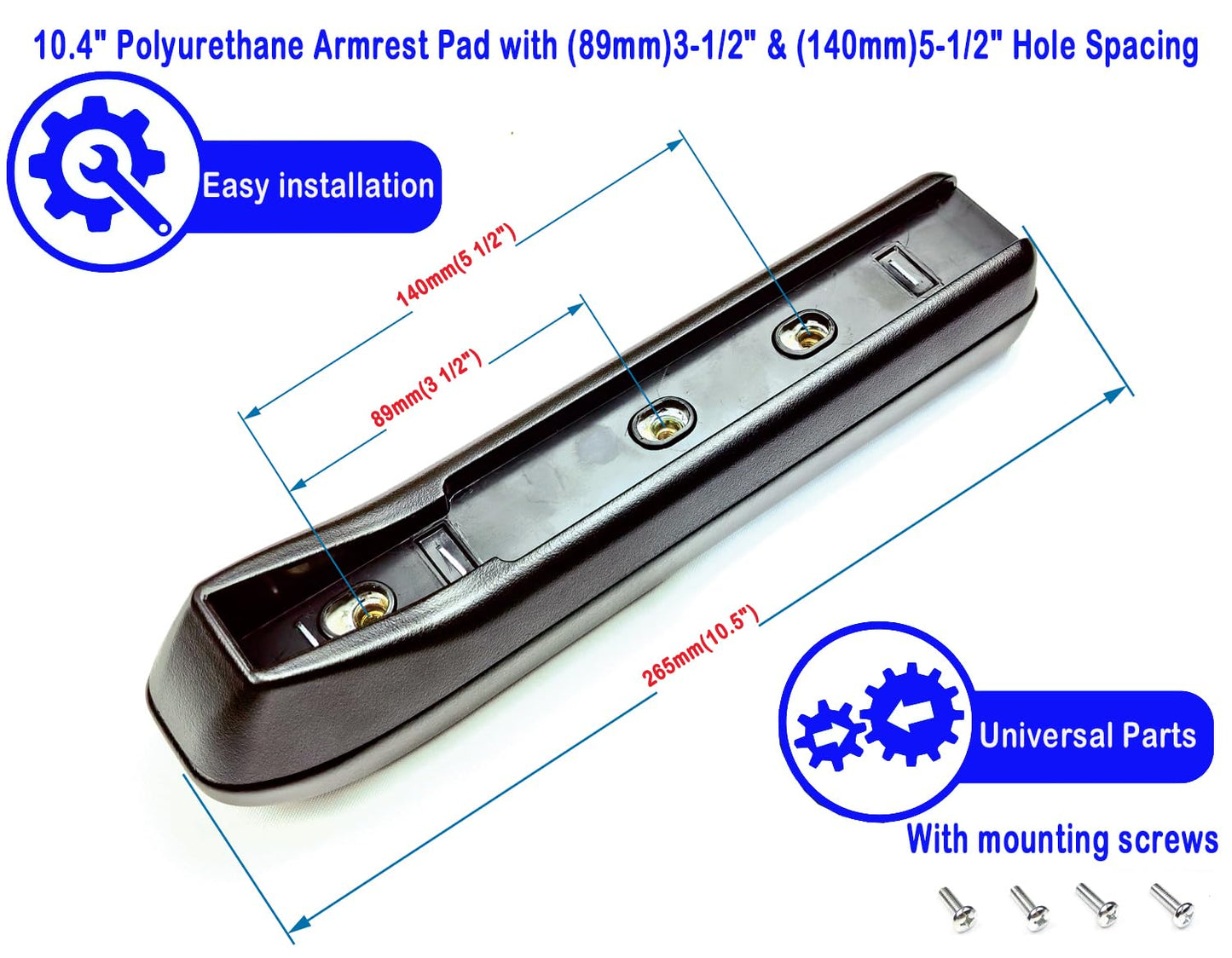 Arm Rest for Electric Mobility Scooters,10" Polyurethane Armrest Pad,W/Hardware,3-1/2" & 5-1/2" Hole Spacing,for Go-Go, Jazzy, Pride Electric Scooter,ARM153519,1Pr Black.