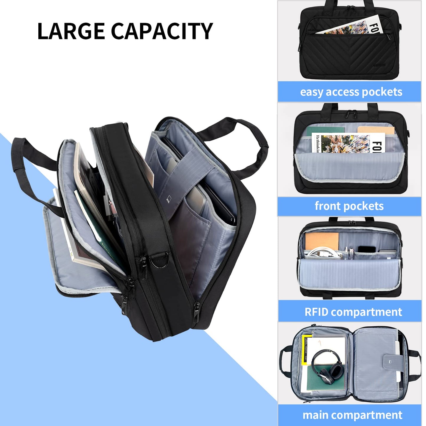 17 Inch Laptop Bag, VANKEAN TSA Friendly Expandable Briefcase for Women Men Fashion, Waterproof Computer Bag with RFID Pocket, Work Bag for Women Messenger bags for Bussiness/Travel/College, Black