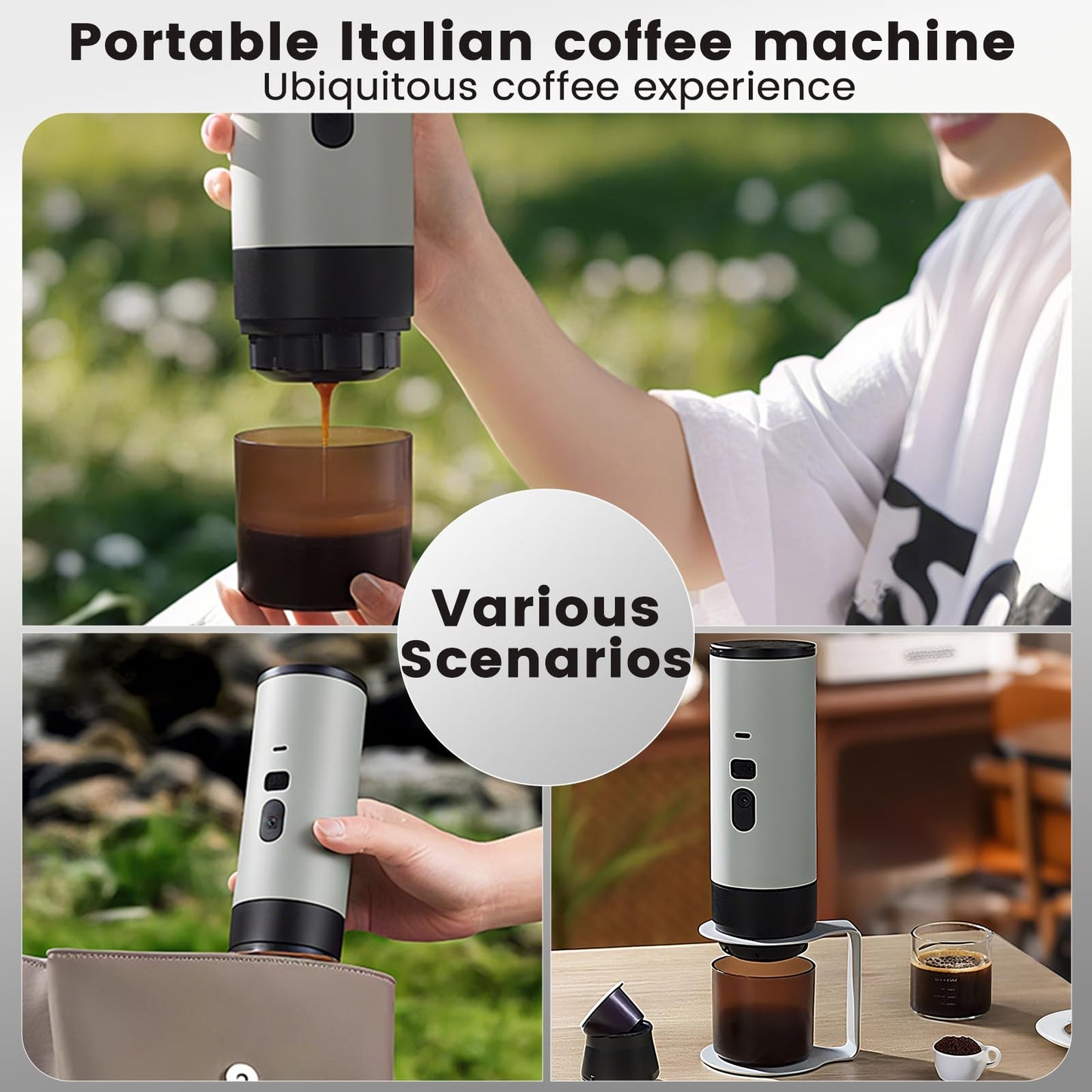 Portable Coffee Maker,Self-Heating Travel Coffee Maker Compatible with NS, DG Pods & Ground Coffee, Mini Espresso Machine for Car Camping, Hiking With Stand