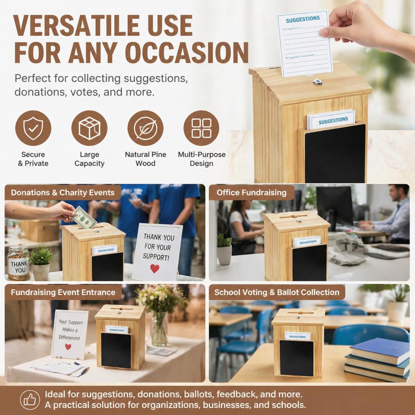 ZENFUN Wooden Suggestion Box with 50 Free Suggestion Cards, Natural Pinewood Ballot Comment Container Donation Box with Locking Hinged Lid for Countertop or Wall Mounted, 8.6" x 6.8" x 10"