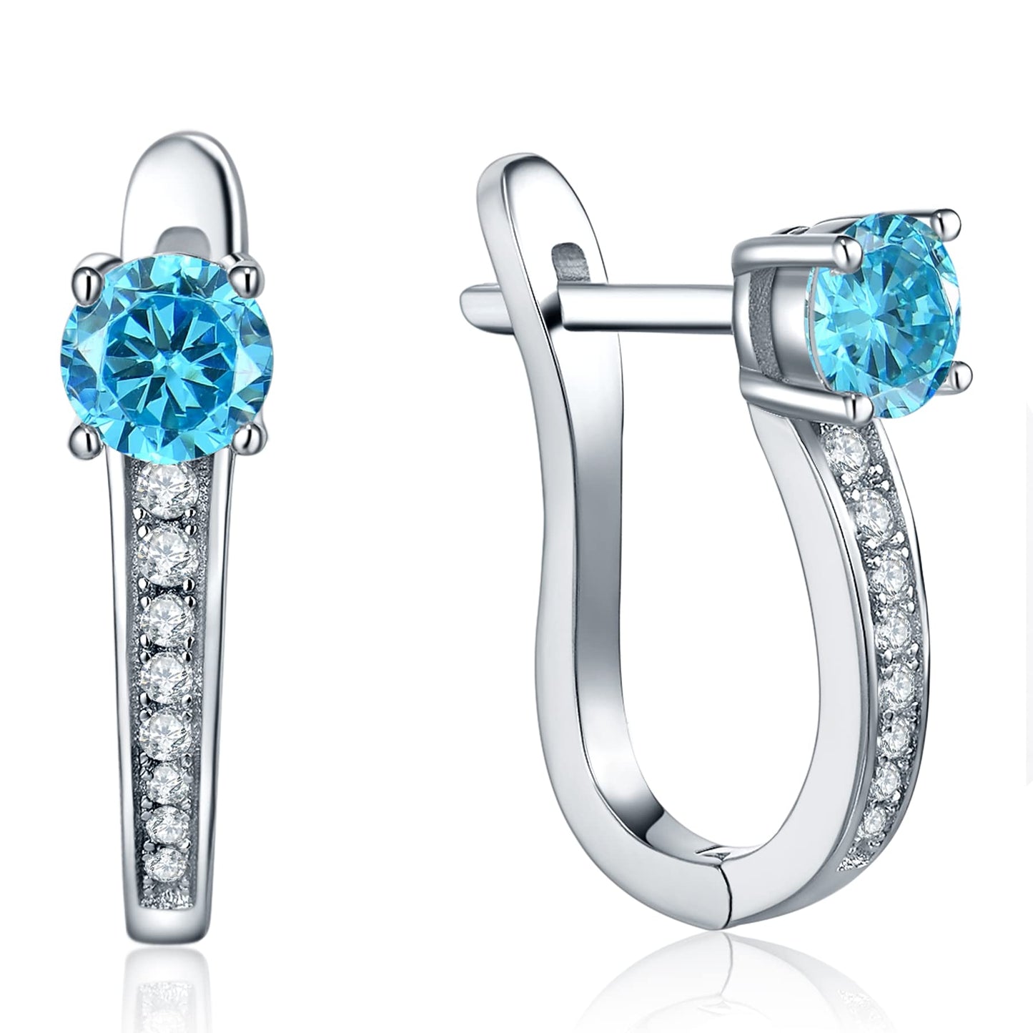 YL Created Blue Aquamarine Hoop Earrings for Women, Solid Sterling Silver U Shape Halo Huggie Birthstone Jewelry Gifts for Women Her
