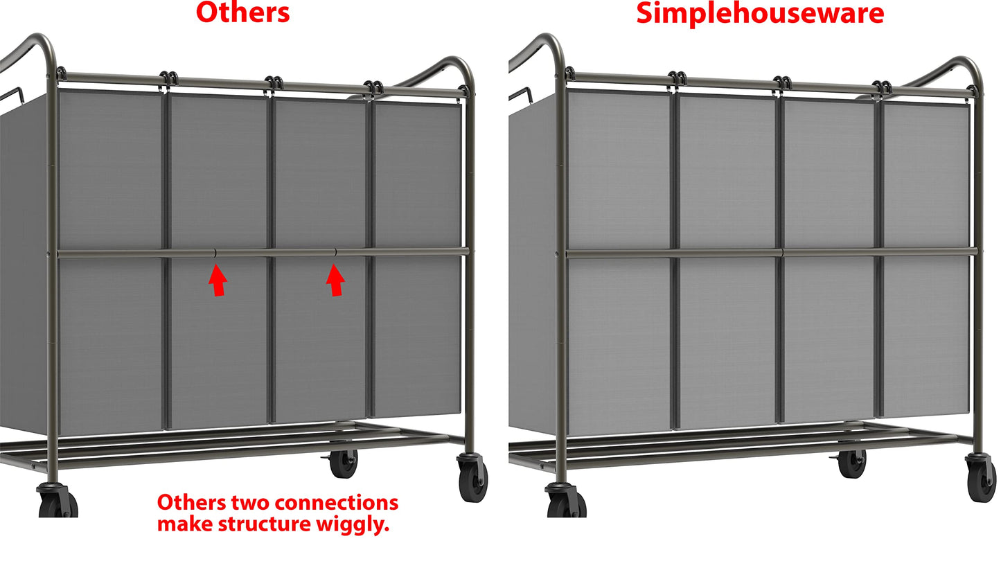 Simple Houseware 4-Section Rolling Laundry Hamper - Heavy Duty Laundry Sorter Cart with Wheels & 4 Removable Bags for Clothes Organization, Dark Grey
