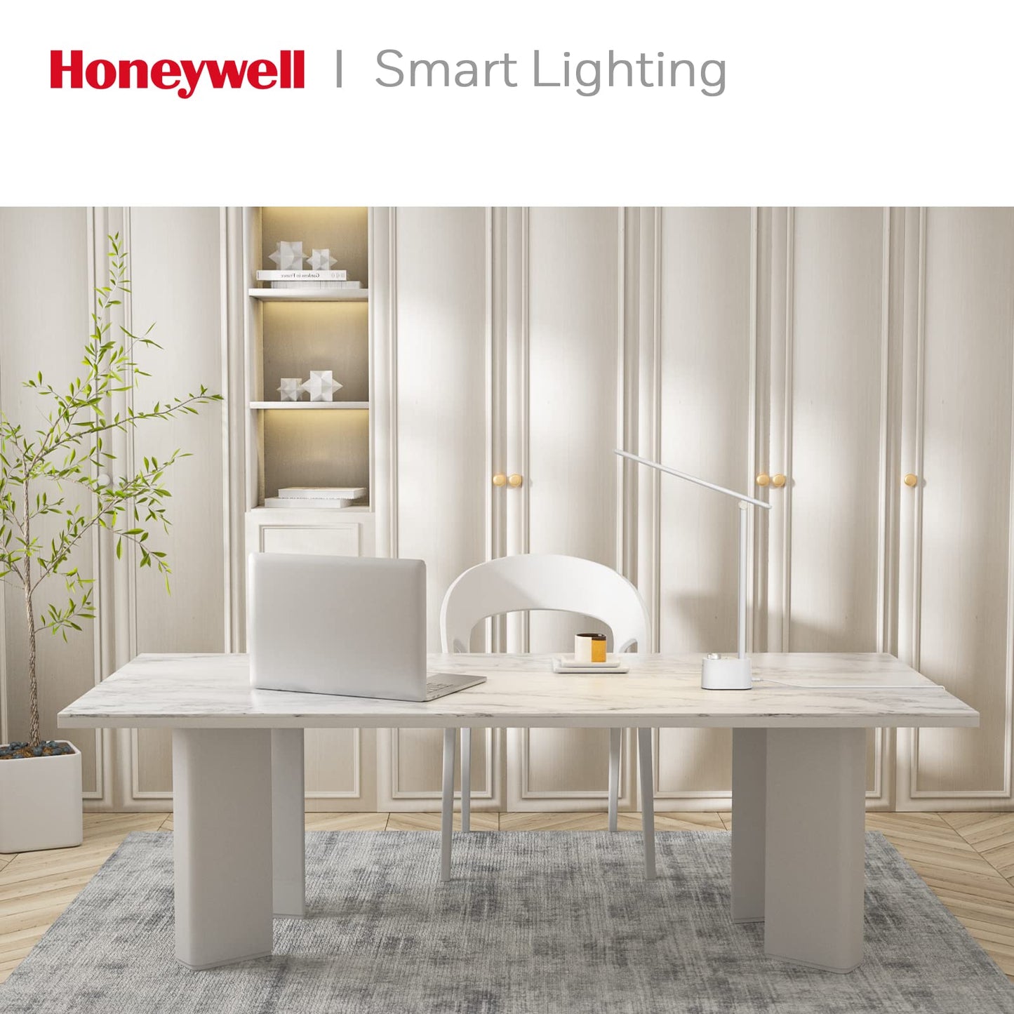 Honeywell Sunturalux™ HWT-H01 LED Desk Lamp with USB Charging Ports, Eye Caring Stepless Dimming Table Lamp for Home Office College Dorm Bedroom, Small Desk Light Reading Lamp Lampe de Bureau White