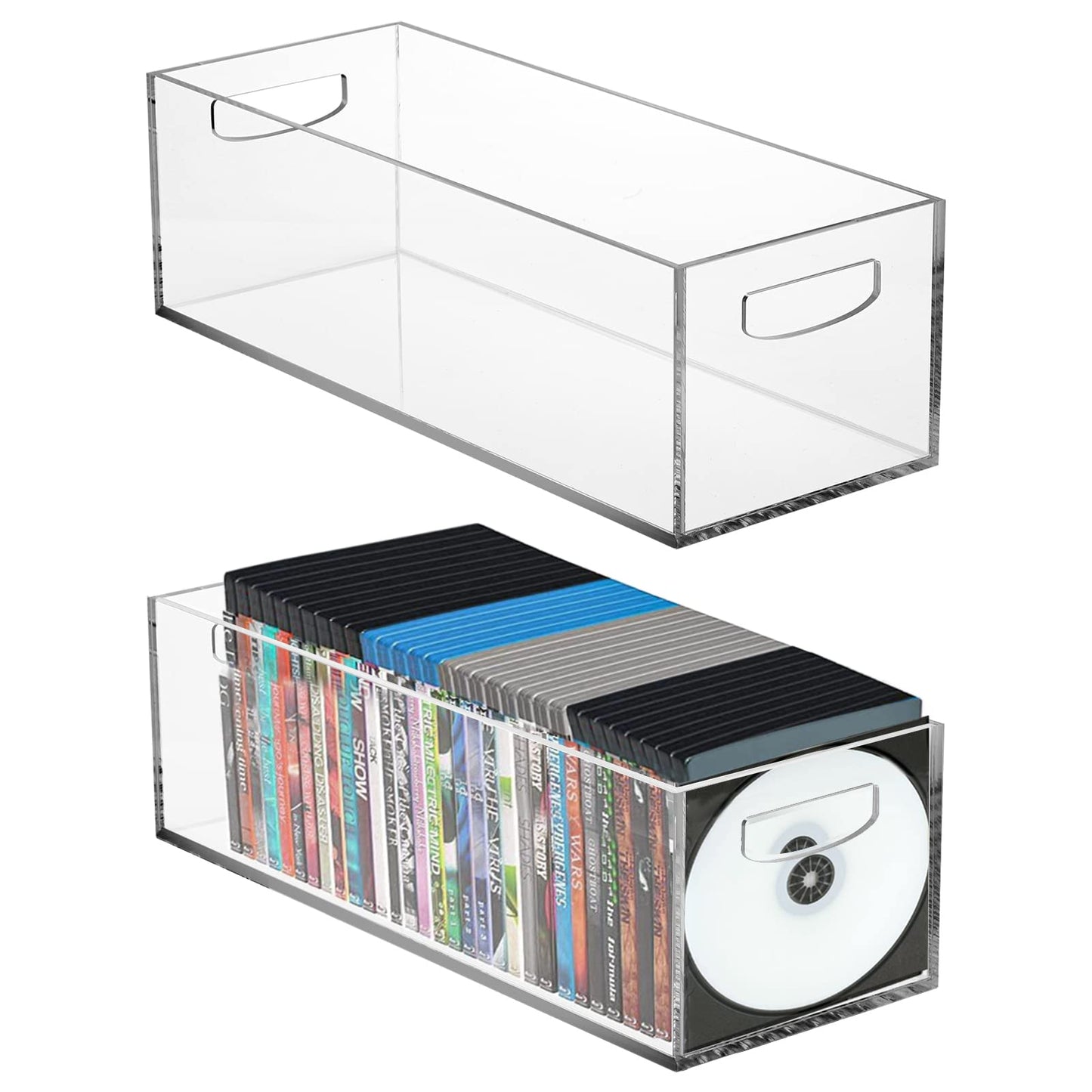 Frcctre 2 Pack Acrylic DVD/CD Storage Box, Clear DVD Holder Case with Handles Holds 27 pcs, Stackable Storage Container Shelf Organizer Bin for CDs, Video Games, Blu-ray, Books, Home, Office