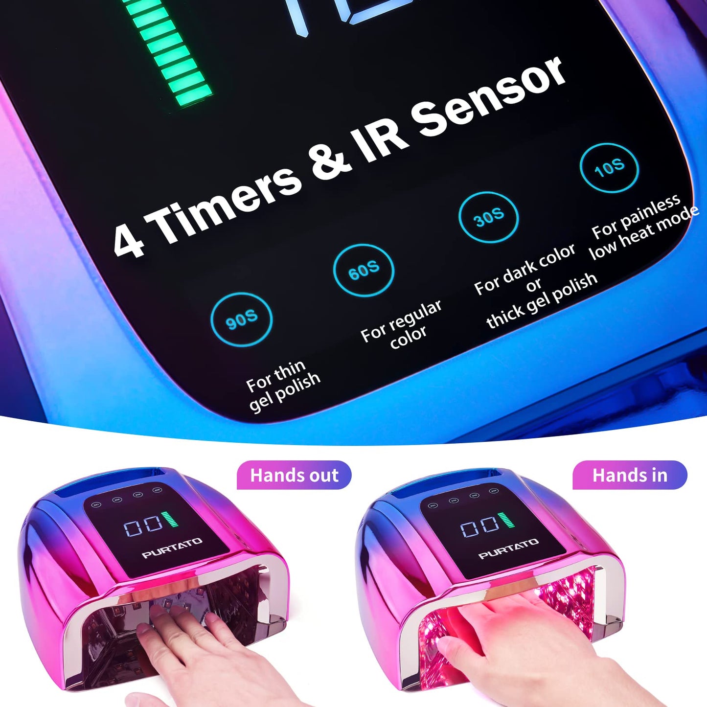 Purtato Professional Rechargeable 96W UV LED Portable Cordless UV Light for Nail Lamp Machine with Removable Stainless Steel Bottom,4 Timer Setting and Smart Sensor Nail Dryer (Blue&Purple)