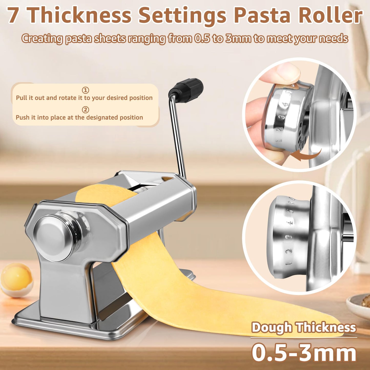 Pasta Maker - 7 Thickness Settings Pasta Roller & 2-in-1 Cutter, Stainless Steel Noodle Maker for Spaghetti, Fettuccine, Ravioli, Lasagna - Includes Hand Crank & Table Clamp