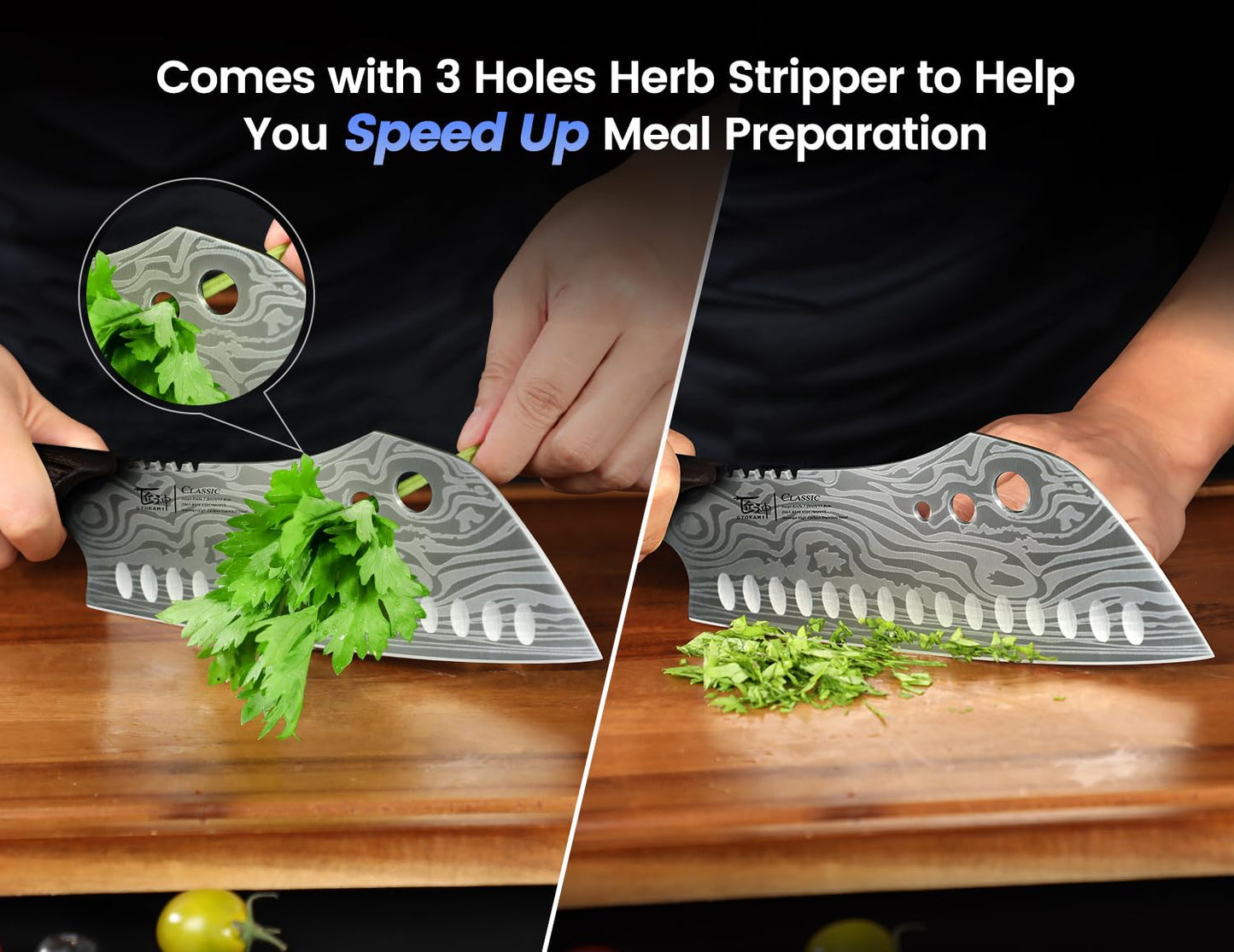 SYOKAMI 3-in-1 Kitchen Knife with Herb Stripper, 7" Asian Knife Combined with Chef Knife, Santoku, Nakiri, Ideal for All-Around Food Preparation—Slicing, Chopping, Dicing, Mincing, Thanksgiving Gifts